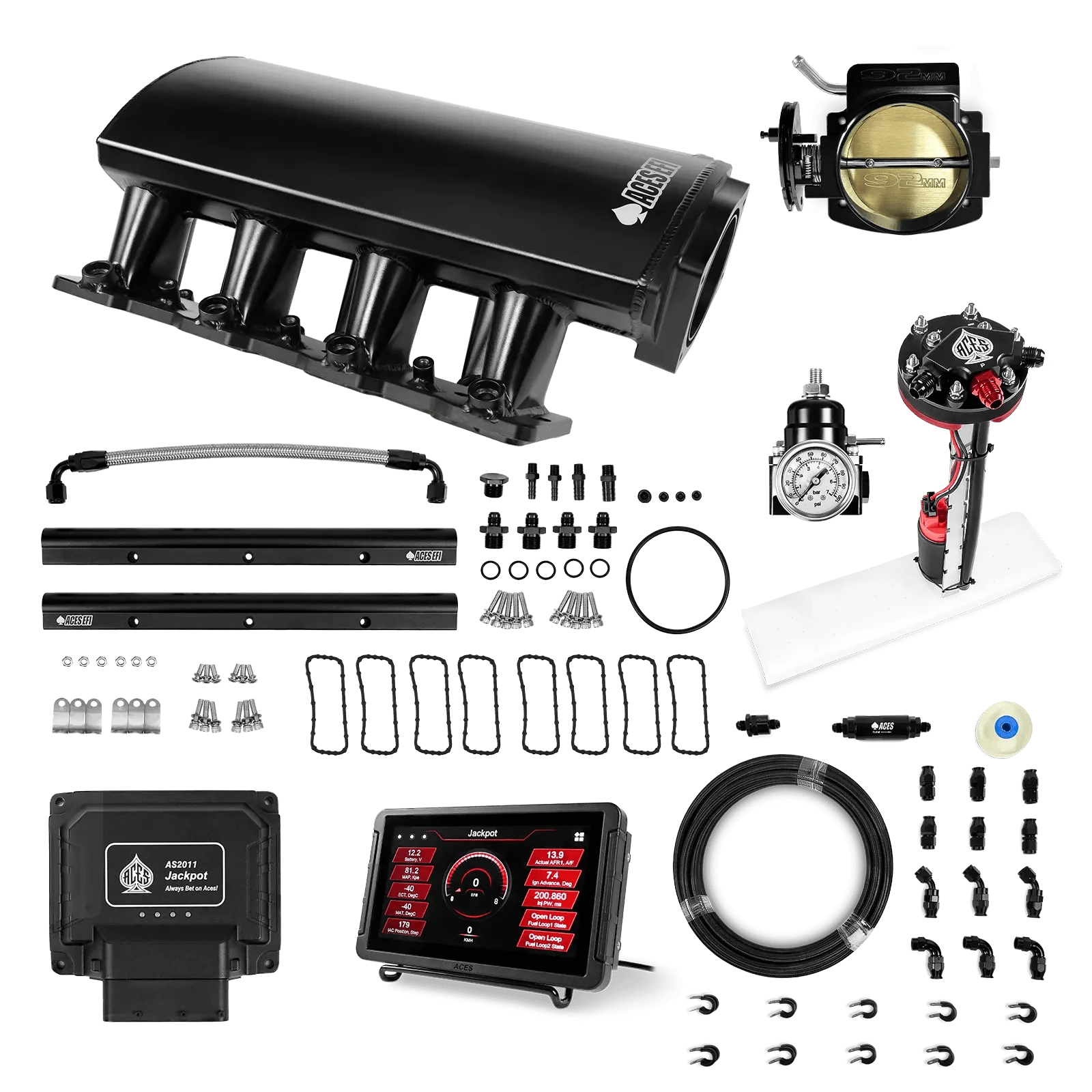 Aces Fuel Injection Jackpot LS - DBC & Manual Trans / 500 HP LS1/LS2/LS6 Short Fabricated Intake / Cathedral Port Jackpot LS EFI System - Master Kit with Tight Fit In-Tank Pump Module + 40' PTFE Hose Kit