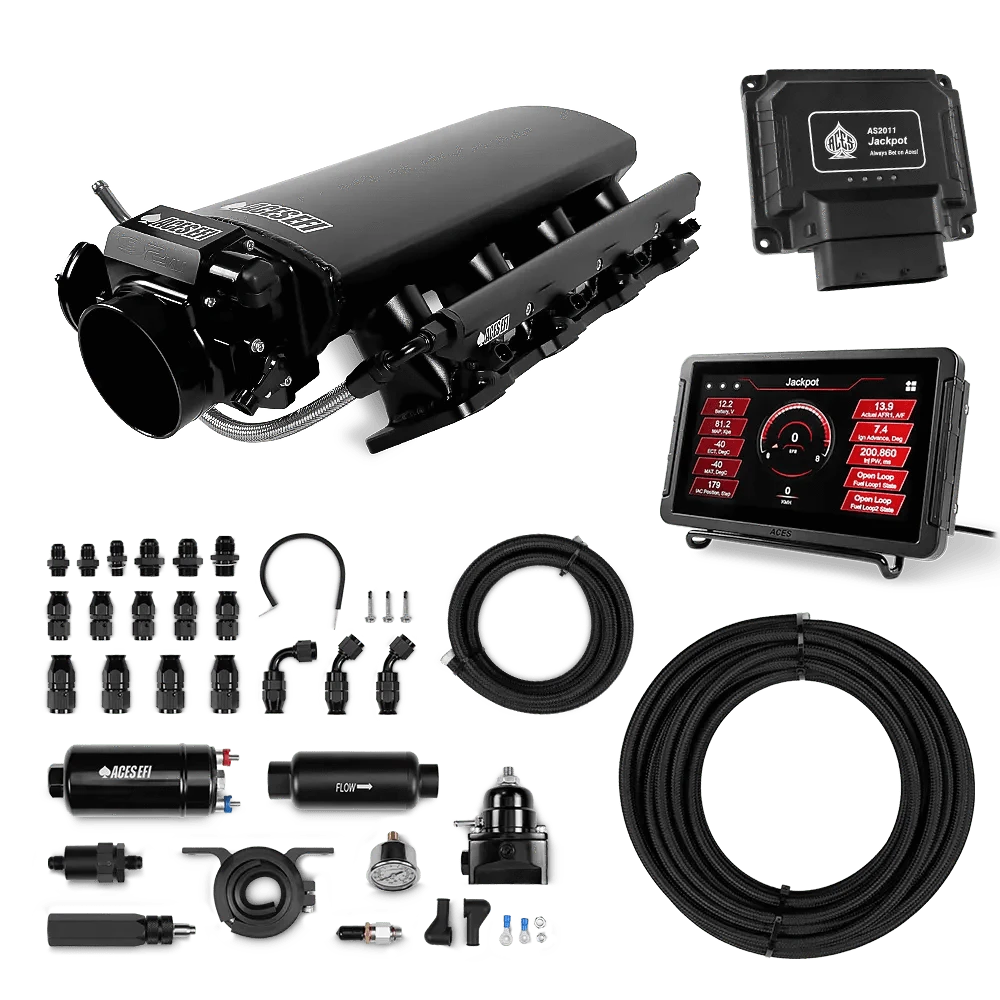Aces Fuel Injection Jackpot LS - DBC & Manual Trans / 500 HP LS1/LS2/LS6 Tall Fabricated Intake / Cathedral Port Jackpot LS EFI System - Master Kit with 255 In-line Pump System w/40' PTFE Hose