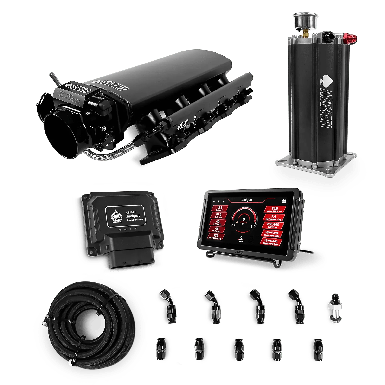 Aces Fuel Injection Jackpot LS - DBC & Manual Trans / 500 HP LS1/LS2/LS6 Tall Fabricated Intake / Cathedral Port Jackpot LS EFI System - Master Kit with Command Center 2 Surge Tank