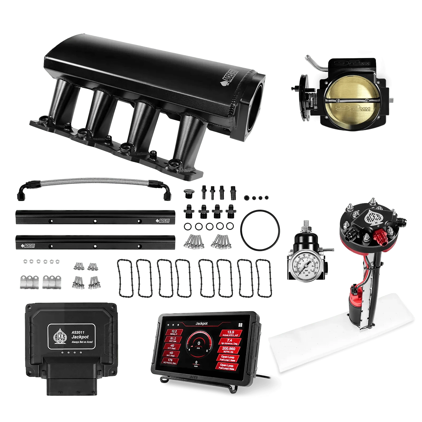 Aces Fuel Injection Jackpot LS - DBC & Manual Trans / 500 HP LS1/LS2/LS6 Tall Fabricated Intake / Cathedral Port Jackpot LS EFI System - Master Kit with Tight Fit In-Tank Pump Module