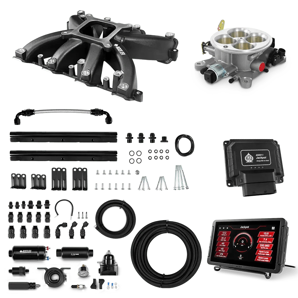 Aces Fuel Injection Jackpot LS - DBC & Manual Trans / 500 HP LS3/LS92 Mid-Rise Cast Intake (Black) / Rectangle Port Jackpot LS EFI System - Master Kit with 255 In-line Pump System w/40' PTFE Hose