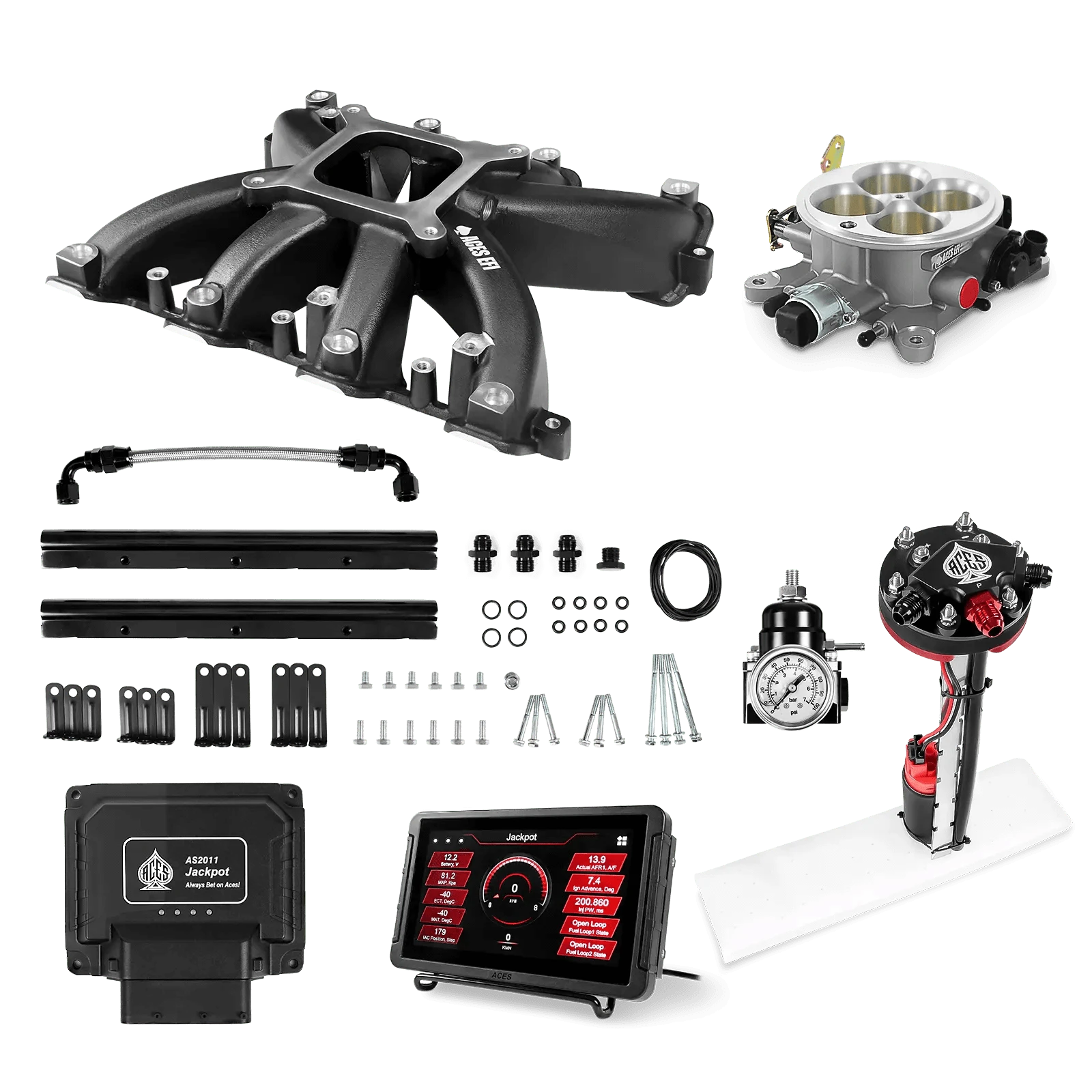 Aces Fuel Injection Jackpot LS - DBC & Manual Trans / 500 HP LS3/LS92 Midrise Intake (Black) / Rectangle Port Jackpot LS EFI System - Master Kit with Tight Fit In-Tank Pump Module