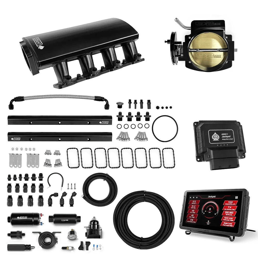 Aces Fuel Injection Jackpot LS - DBC & Manual Trans / 500 HP LS3/LS92 Short Fabricated Intake / Rectangle Port Jackpot LS EFI System - Master Kit with 255 In-line Pump System w/40' PTFE Hose