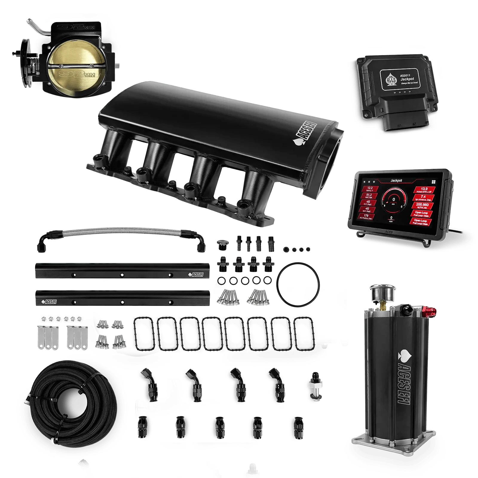 Aces Fuel Injection Jackpot LS - DBC & Manual Trans / 500 HP LS3/LS92 Short Fabricated Intake / Rectangle Port Jackpot LS EFI System - Master Kit with Command Center 2 Surge Tank