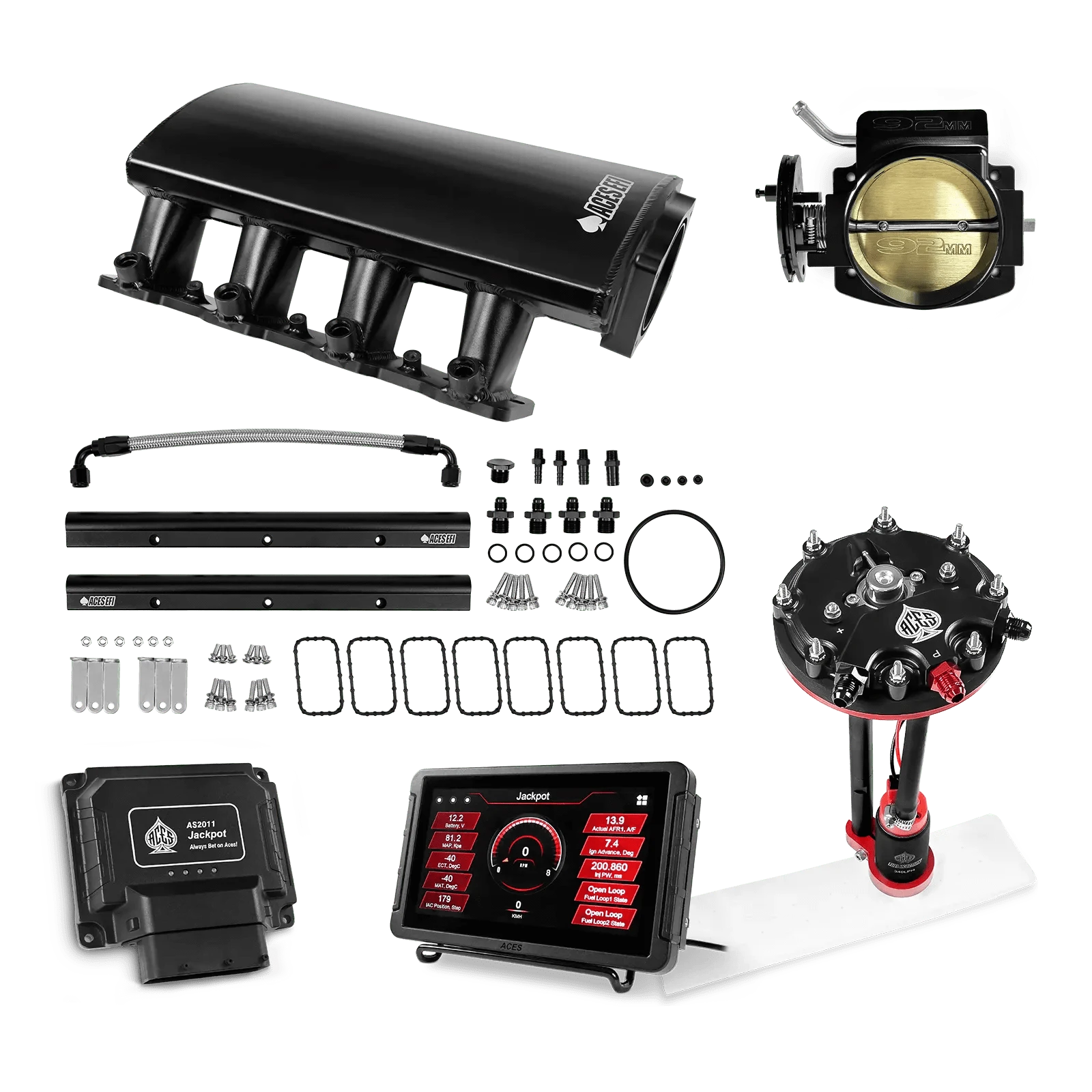 Aces Fuel Injection Jackpot LS - DBC & Manual Trans / 500 HP LS3/LS92 Short Fabricated Intake / Rectangle Port Jackpot LS EFI System - Master Kit with Tank Conversion Pump Module with Internal Regulator