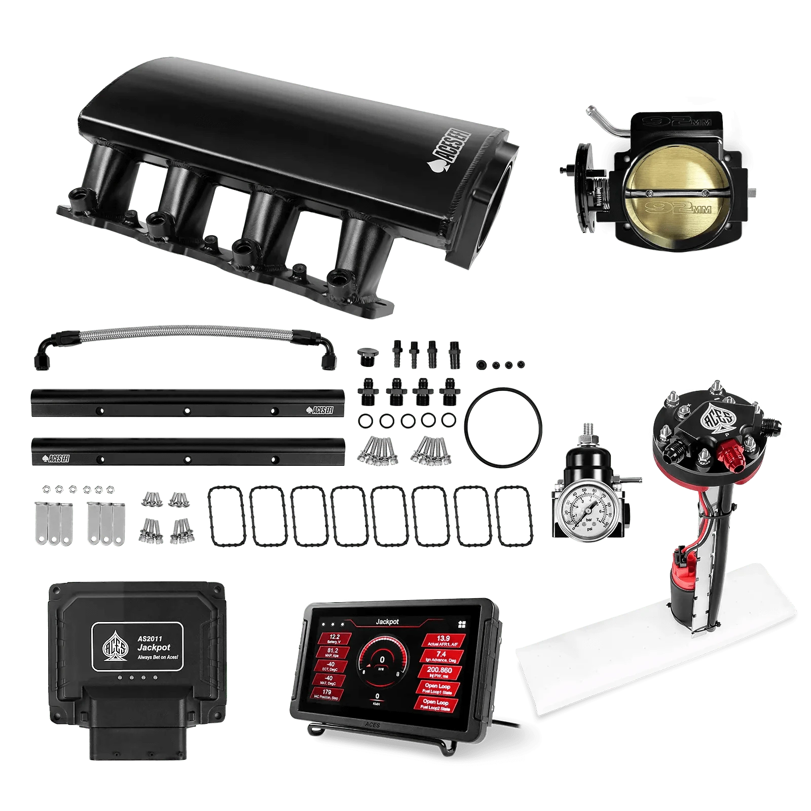 Aces Fuel Injection Jackpot LS - DBC & Manual Trans / 500 HP LS3/LS92 Short Fabricated Intake / Rectangle Port Jackpot LS EFI System - Master Kit with Tight Fit In-Tank Pump Module