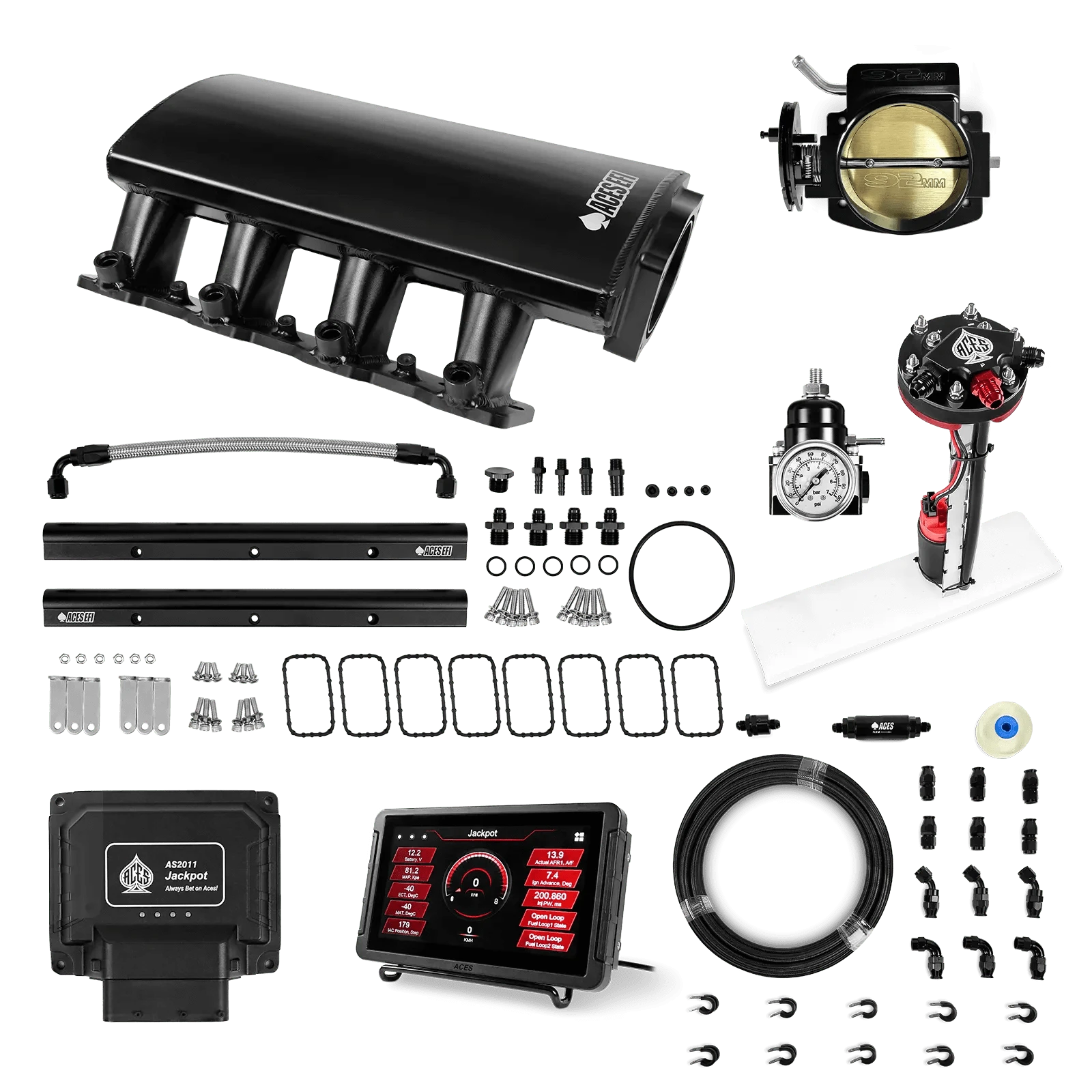Aces Fuel Injection Jackpot LS - DBC & Manual Trans / 500 HP LS3/LS92 Short Fabricated Intake / Rectangle Port Jackpot LS EFI System - Master Kit with Tight Fit In-Tank Pump Module + 40' PTFE Hose Kit