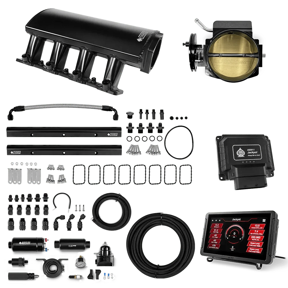 Aces Fuel Injection Jackpot LS - DBC & Manual Trans / 500 HP LS7 Fabricated Intake / Large Rectangle Port Jackpot LS EFI System - Master Kit with 255 In-line Pump System w/40' PTFE Hose