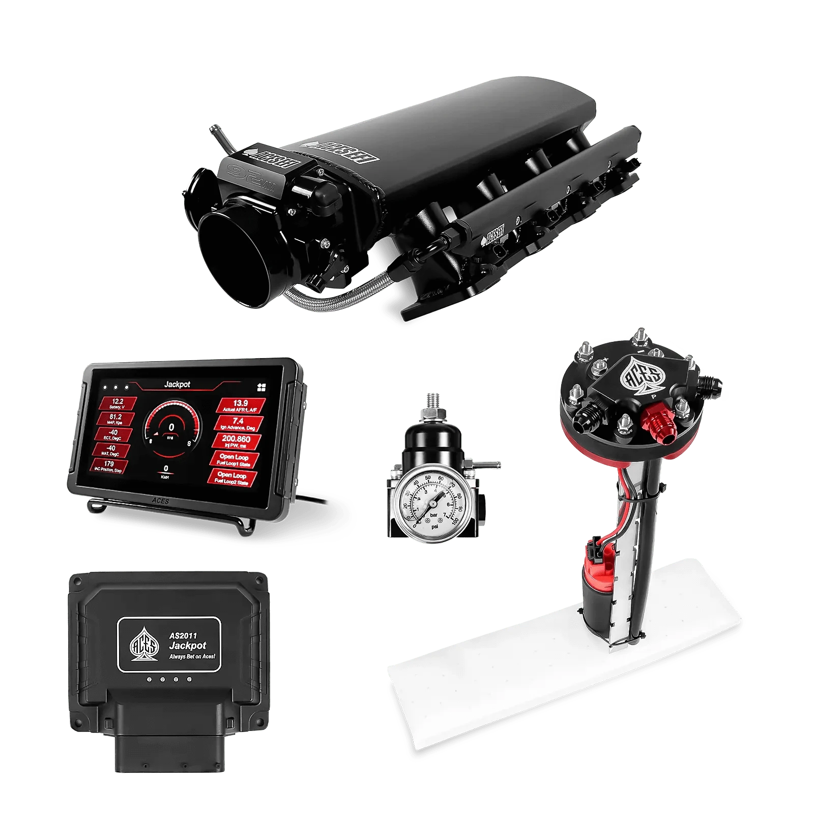 Aces Fuel Injection Jackpot LS - DBC & Manual Trans / 500 HP LS7 Fabricated Intake / Large Rectangle Port Jackpot LS EFI System - Master Kit with Tight Fit In-Tank Pump Module