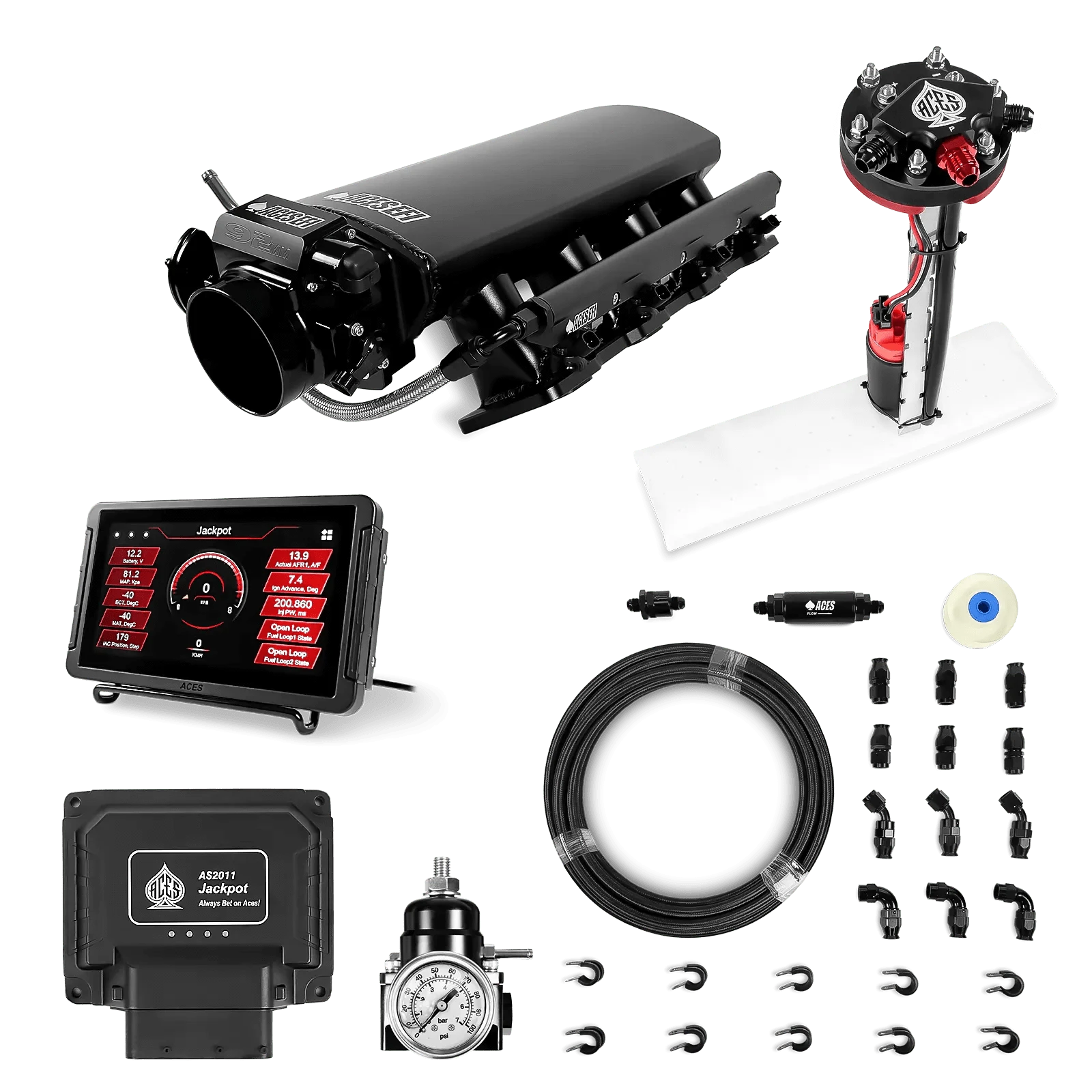 Aces Fuel Injection Jackpot LS - DBC & Manual Trans / 500 HP LS7 Fabricated Intake / Large Rectangle Port Jackpot LS EFI System - Master Kit with Tight Fit In-Tank Pump Module + 40' PTFE Hose Kit