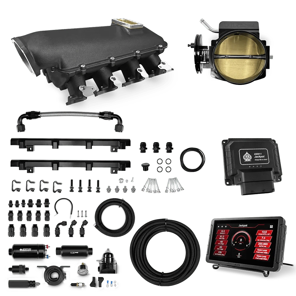 Aces Fuel Injection Jackpot LS - DBC & Manual Trans / 800 HP LS1/LS2/LS6 Lo-Ram Cast Intake (Black) / Cathedral Port Jackpot LS EFI System - Master Kit with 255 In-line Pump System w/40' PTFE Hose