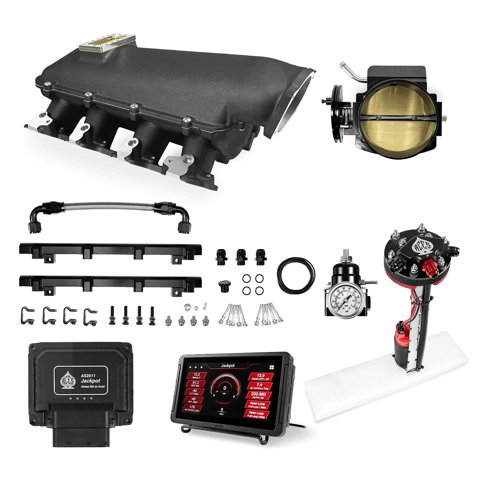 Aces Fuel Injection Jackpot LS - DBC & Manual Trans / 800 HP LS1/LS2/LS6 Lo-Ram Intake (Black) / Cathedral Port Jackpot LS EFI System - Master Kit with Tight Fit In-Tank Pump Module
