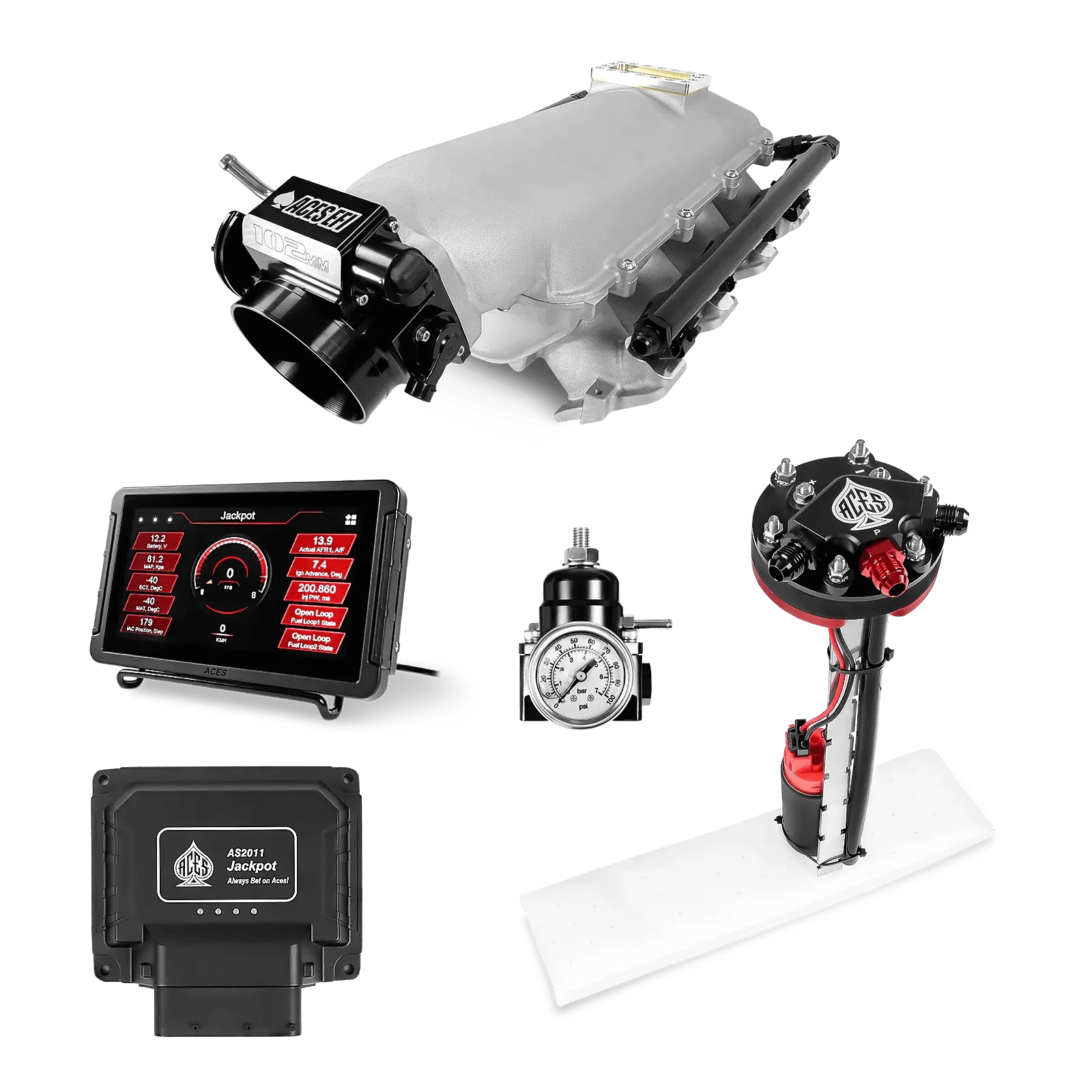 Aces Fuel Injection Jackpot LS - DBC & Manual Trans / 800 HP LS1/LS2/LS6 Lo-Ram Intake / Cathedral Port Jackpot LS EFI System - Master Kit with Tight Fit In-Tank Pump Module
