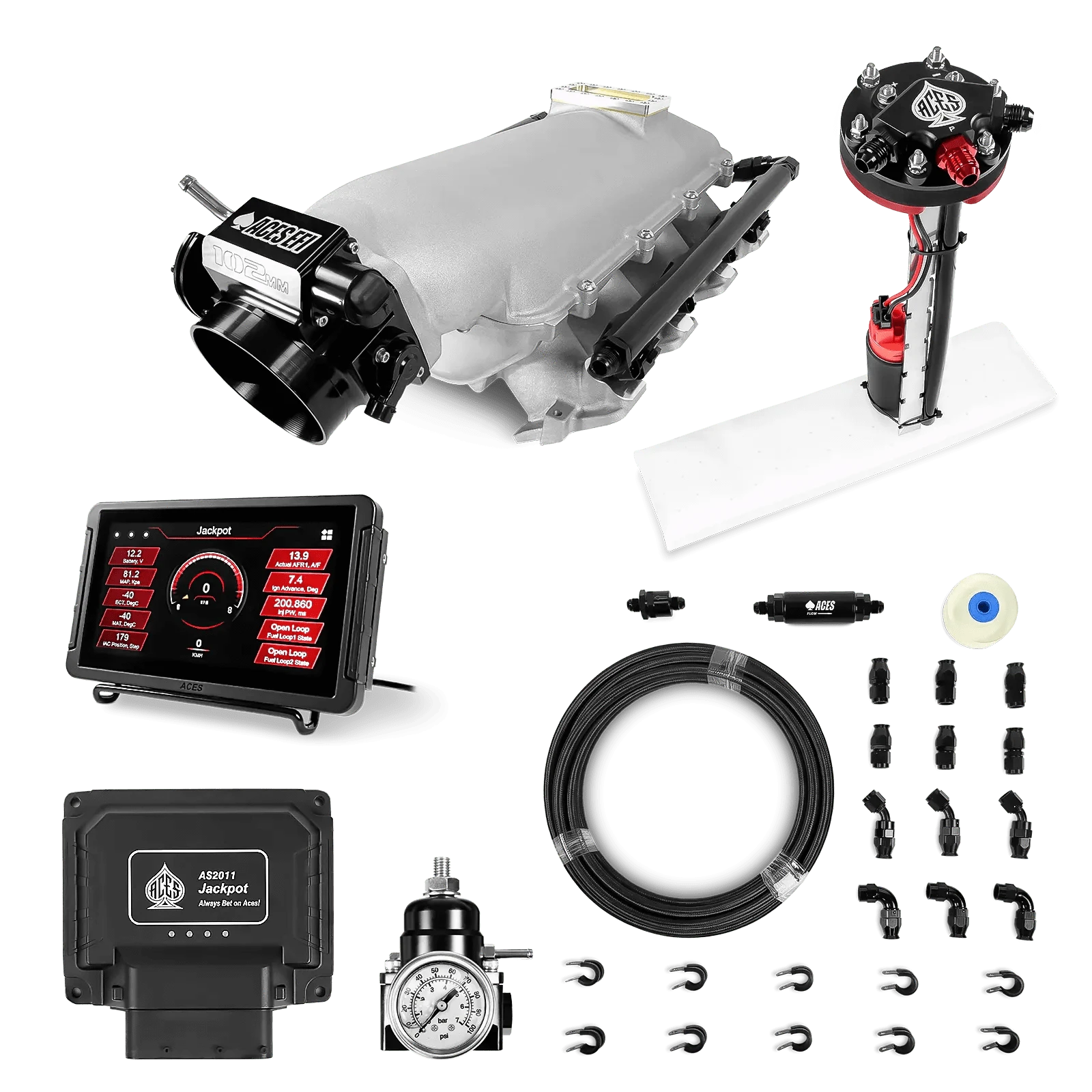 Aces Fuel Injection Jackpot LS - DBC & Manual Trans / 800 HP LS1/LS2/LS6 Lo-Ram Intake / Cathedral Port Jackpot LS EFI System - Master Kit with Tight Fit In-Tank Pump Module + 40' PTFE Hose Kit