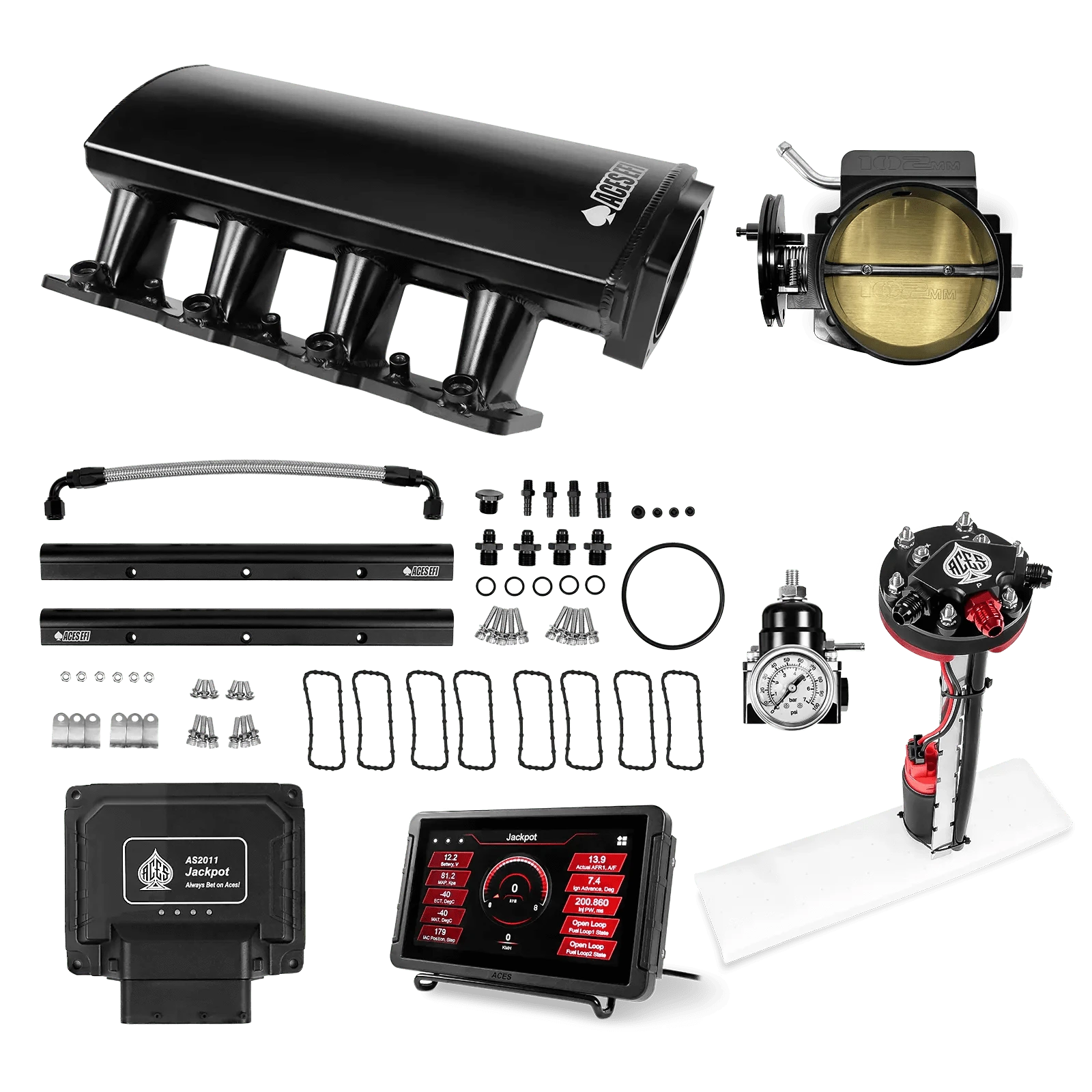 Aces Fuel Injection Jackpot LS - DBC & Manual Trans / 800 HP LS1/LS2/LS6 Short Fabricated Intake / Cathedral Port Jackpot LS EFI System - Master Kit with Tight Fit In-Tank Pump Module