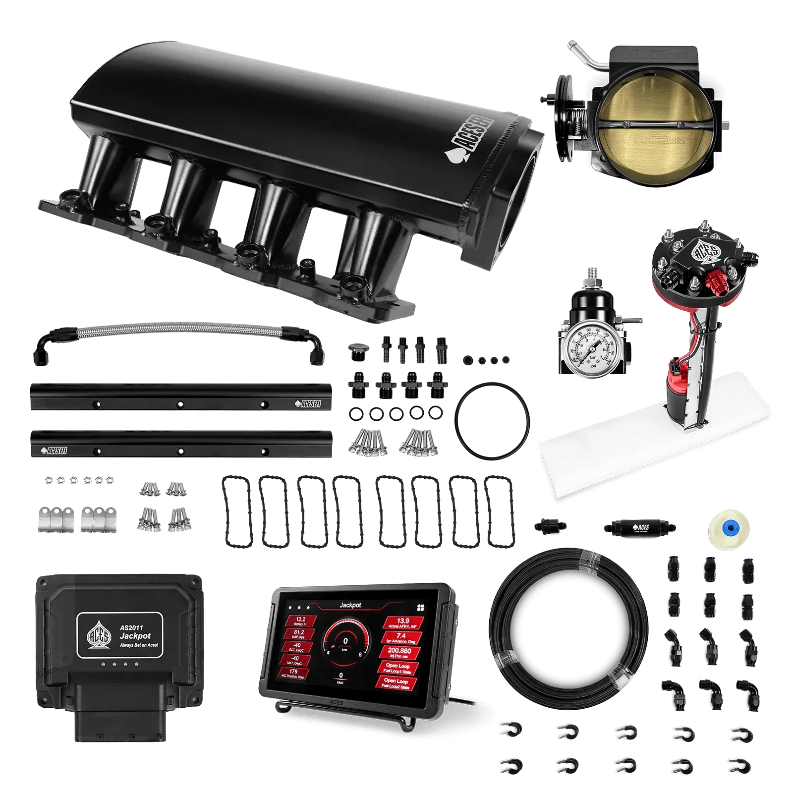 Aces Fuel Injection Jackpot LS - DBC & Manual Trans / 800 HP LS1/LS2/LS6 Short Fabricated Intake / Cathedral Port Jackpot LS EFI System - Master Kit with Tight Fit In-Tank Pump Module + 40' PTFE Hose Kit