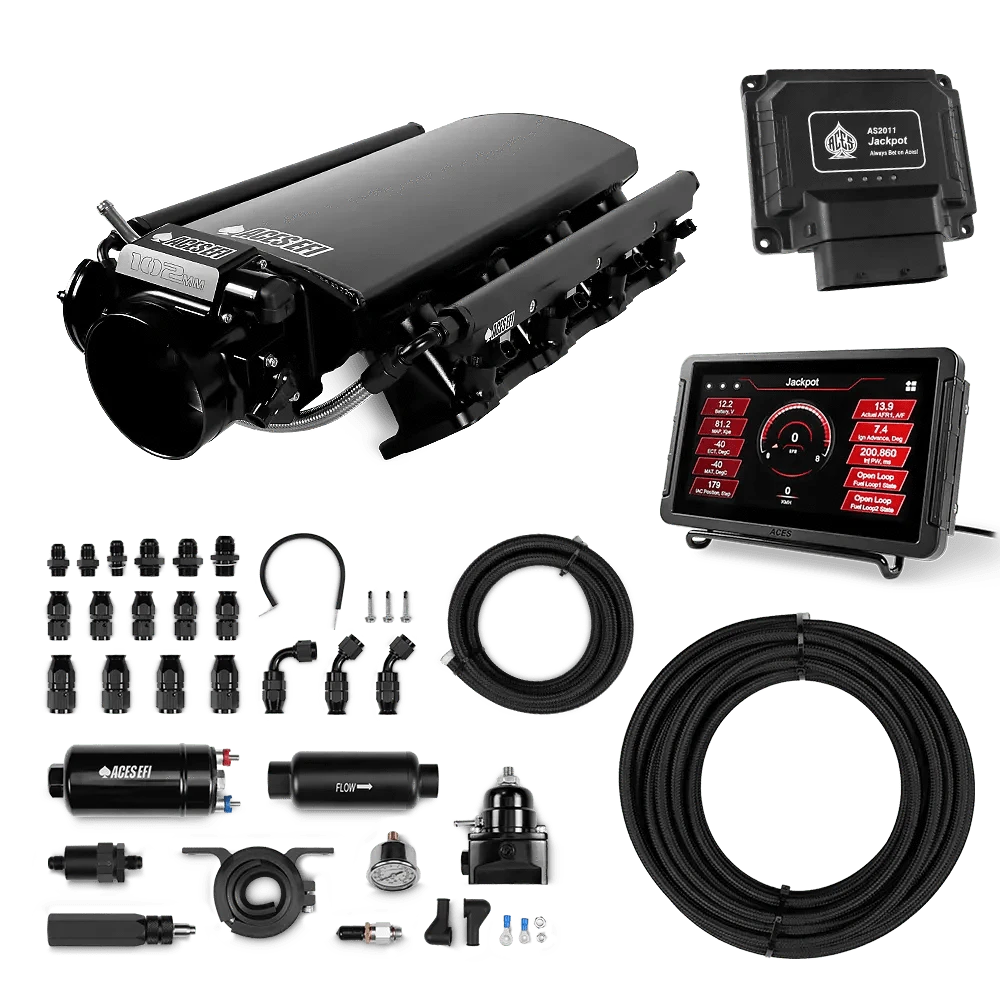 Aces Fuel Injection Jackpot LS - DBC & Manual Trans / 800 HP LS3/LS92 Short Fabricated Intake / Rectangle Port Jackpot LS EFI System - Master Kit with 255 In-line Pump System w/40' PTFE Hose