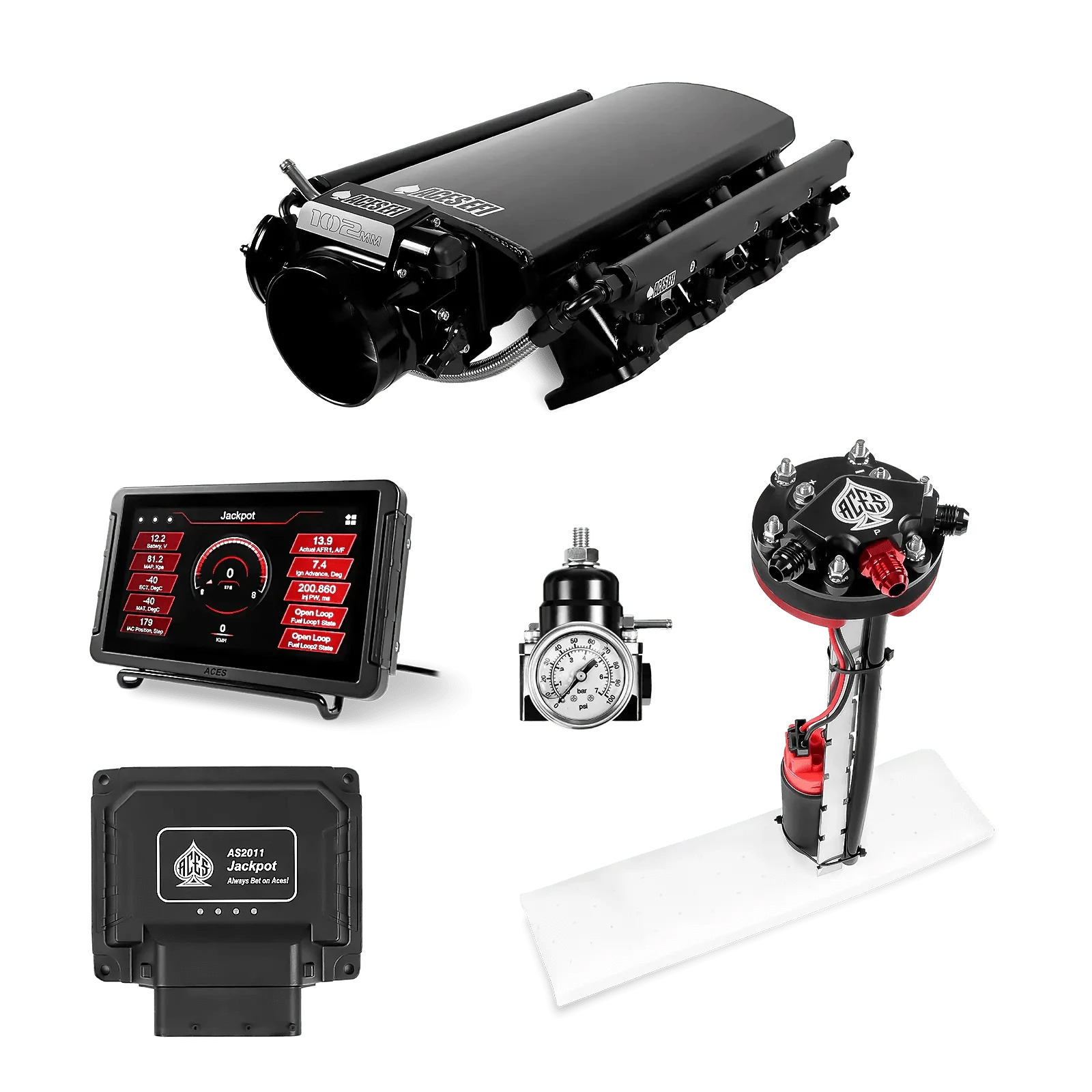 Aces Fuel Injection Jackpot LS - DBC & Manual Trans / 800 HP LS3/LS92 Short Fabricated Intake / Rectangle Port Jackpot LS EFI System - Master Kit with Tight Fit In-Tank Pump Module