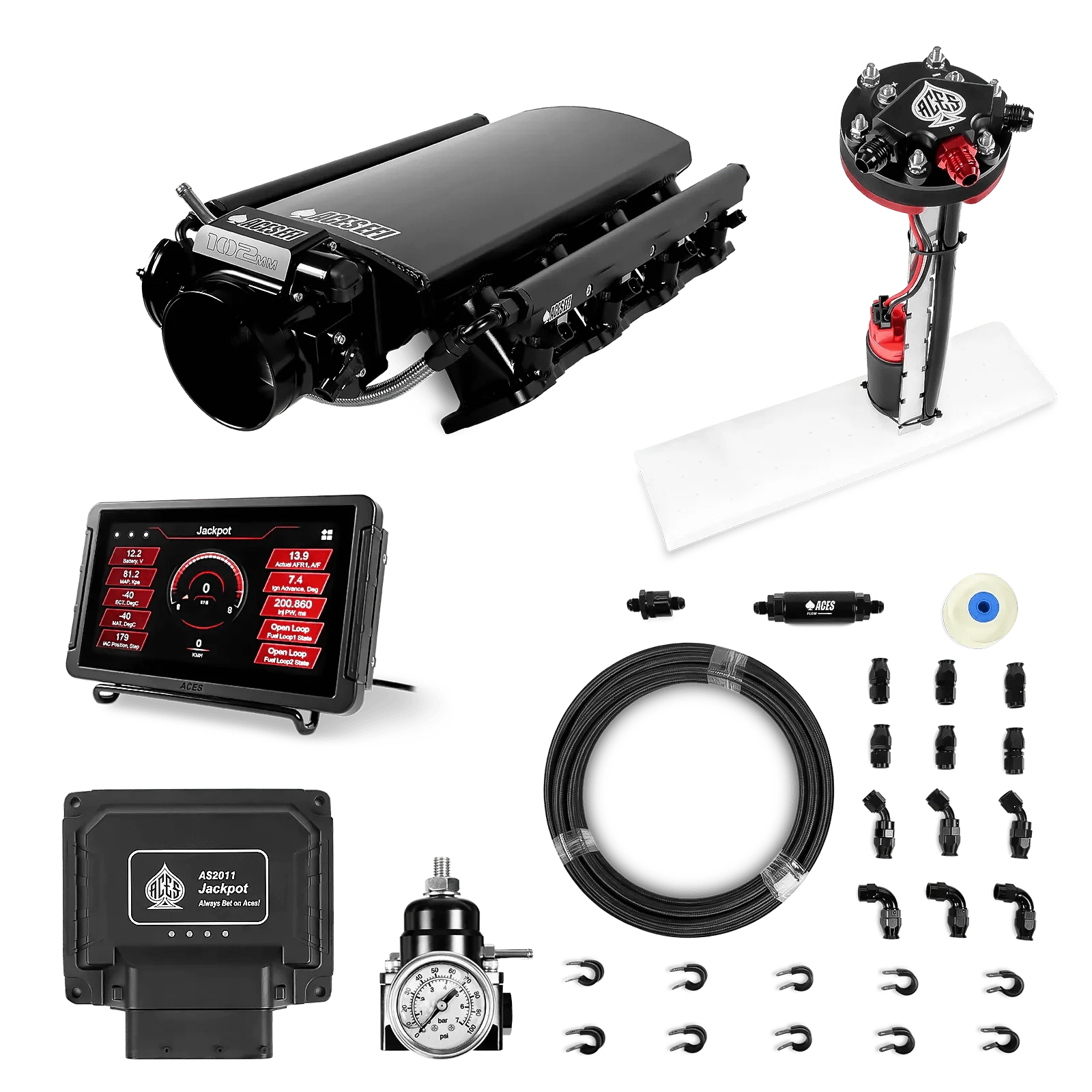Aces Fuel Injection Jackpot LS - DBC & Manual Trans / 800 HP LS3/LS92 Short Fabricated Intake / Rectangle Port Jackpot LS EFI System - Master Kit with Tight Fit In-Tank Pump Module + 40' PTFE Hose Kit