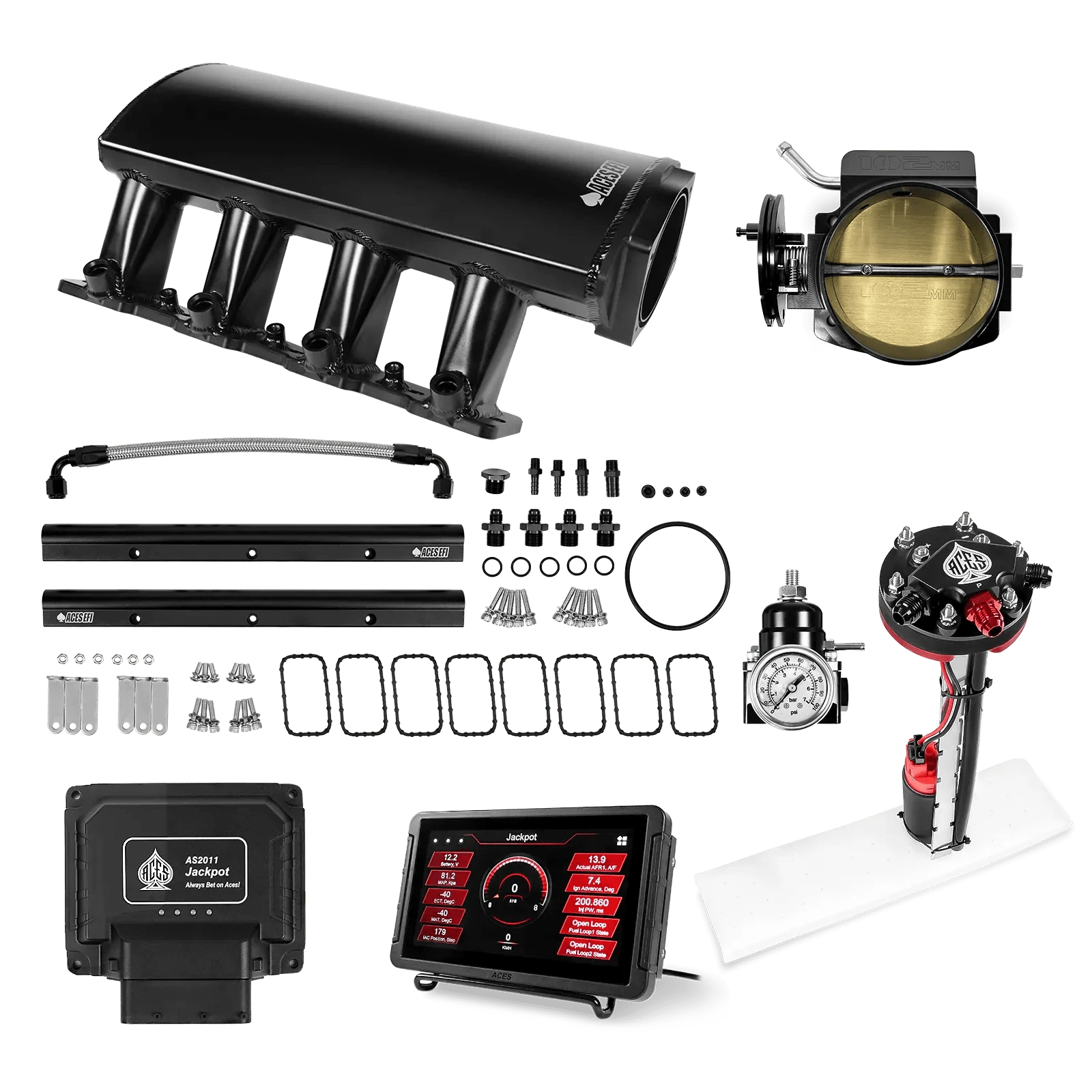 Aces Fuel Injection Jackpot LS - DBC & Manual Trans / 800 HP LS7 Fabricated Intake / Large Rectangle Port Jackpot LS EFI System - Master Kit with Tight Fit In-Tank Pump Module