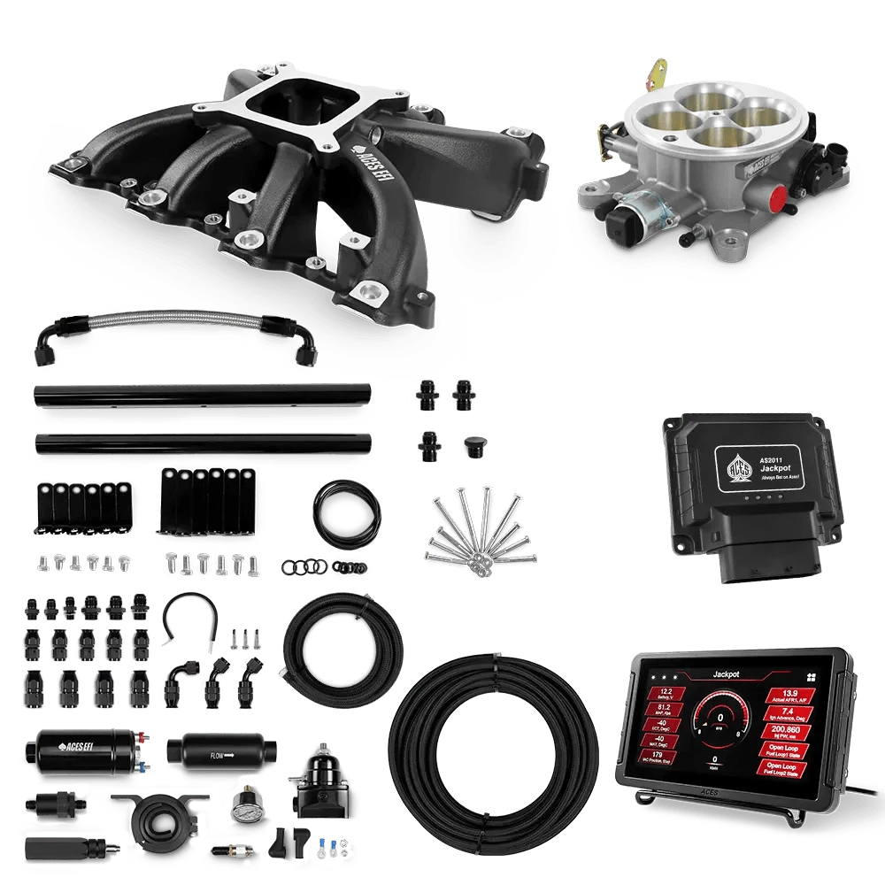Aces Fuel Injection Jackpot LS - DBC & Manual Trans / 800 HP Mid-Rise Intake (Black Finish / Cathedral Port Jackpot LS EFI System - Master Kit with 255 In-line Pump System w/40' PTFE Hose