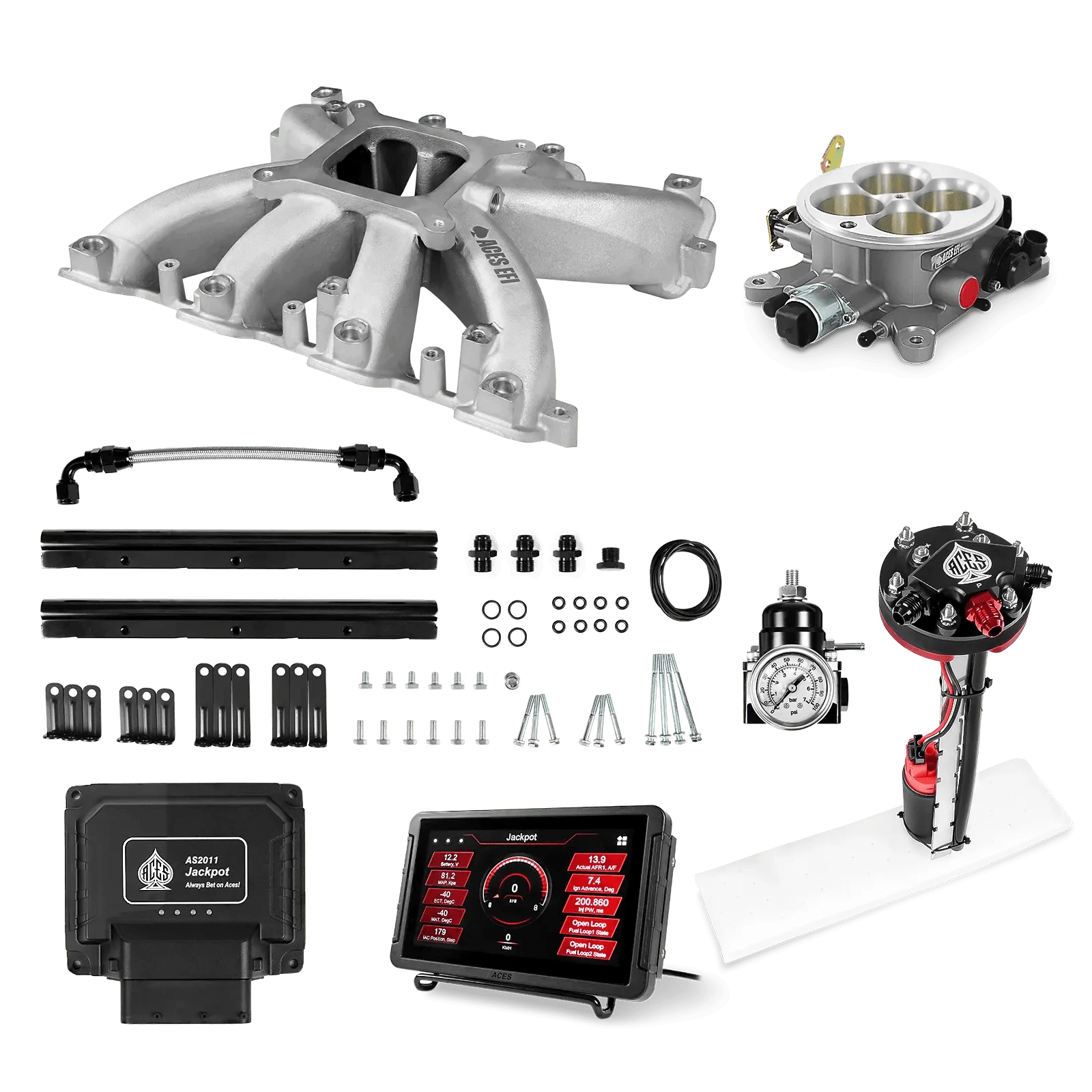Aces Fuel Injection Jackpot LS - DBC & Manual Trans / 800 HP Mid-Rise Intake (Cast Finish) / Rectangle Port Jackpot LS EFI System - Master Kit with Tight Fit In-Tank Pump Module