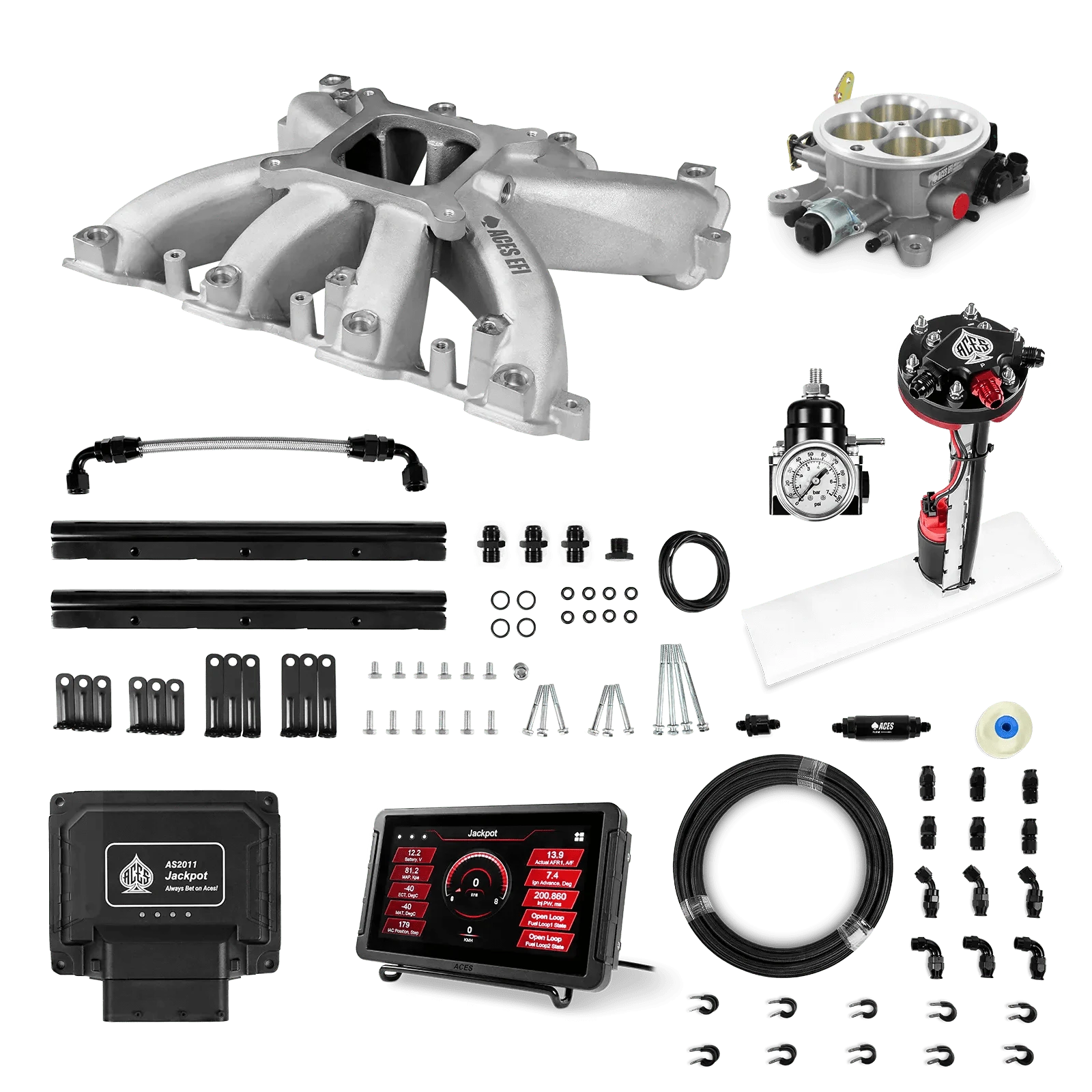 Aces Fuel Injection Jackpot LS - DBC & Manual Trans / 800 HP Mid-Rise Intake (Cast Finish) / Rectangle Port Jackpot LS EFI System - Master Kit with Tight Fit In-Tank Pump Module + 40' PTFE Hose Kit
