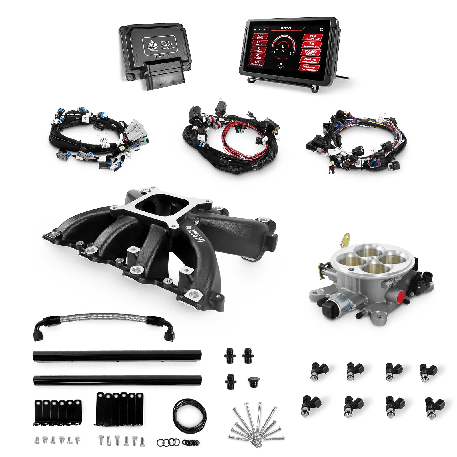 Aces Fuel Injection, Inc. Jackpot LS - DBC & Manual Trans / Cathedral Port / Mid-Rise (black/cast) Jackpot LS EFI System - Top End Kit (800 HP)