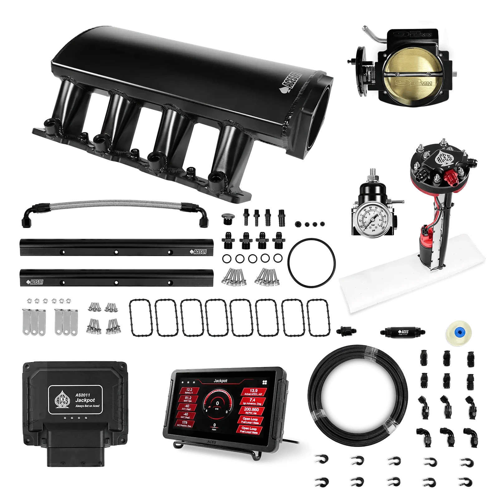 Aces Fuel Injection Jackpot Pro LS - DBC & Trans Control / 500 HP LS7 Fabricated Intake / Large Rectangle Port Jackpot LS EFI System - Master Kit with Tight Fit In-Tank Pump Module + 40' PTFE Hose Kit