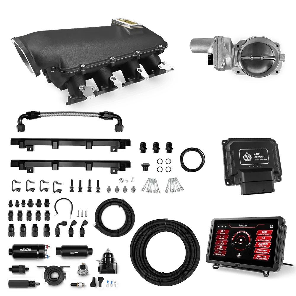 Aces Fuel Injection Jackpot Pro LS - DBW & Manual Trans / 500 HP LS1/LS2/LS6 Lo-Ram Cast Intake (Black) / Cathedral Port Jackpot LS EFI System - Master Kit with 255 In-line Pump System w/40' PTFE Hose