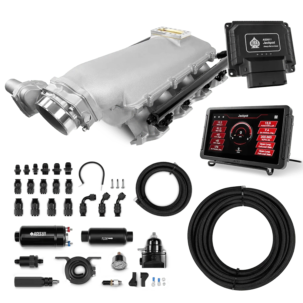 Aces Fuel Injection Jackpot Pro LS - DBW & Manual Trans / 500 HP LS1/LS2/LS6 Lo-Ram Cast Intake (Cast Finish) / Cathedral Port Jackpot LS EFI System - Master Kit with 255 In-line Pump System w/40' PTFE Hose