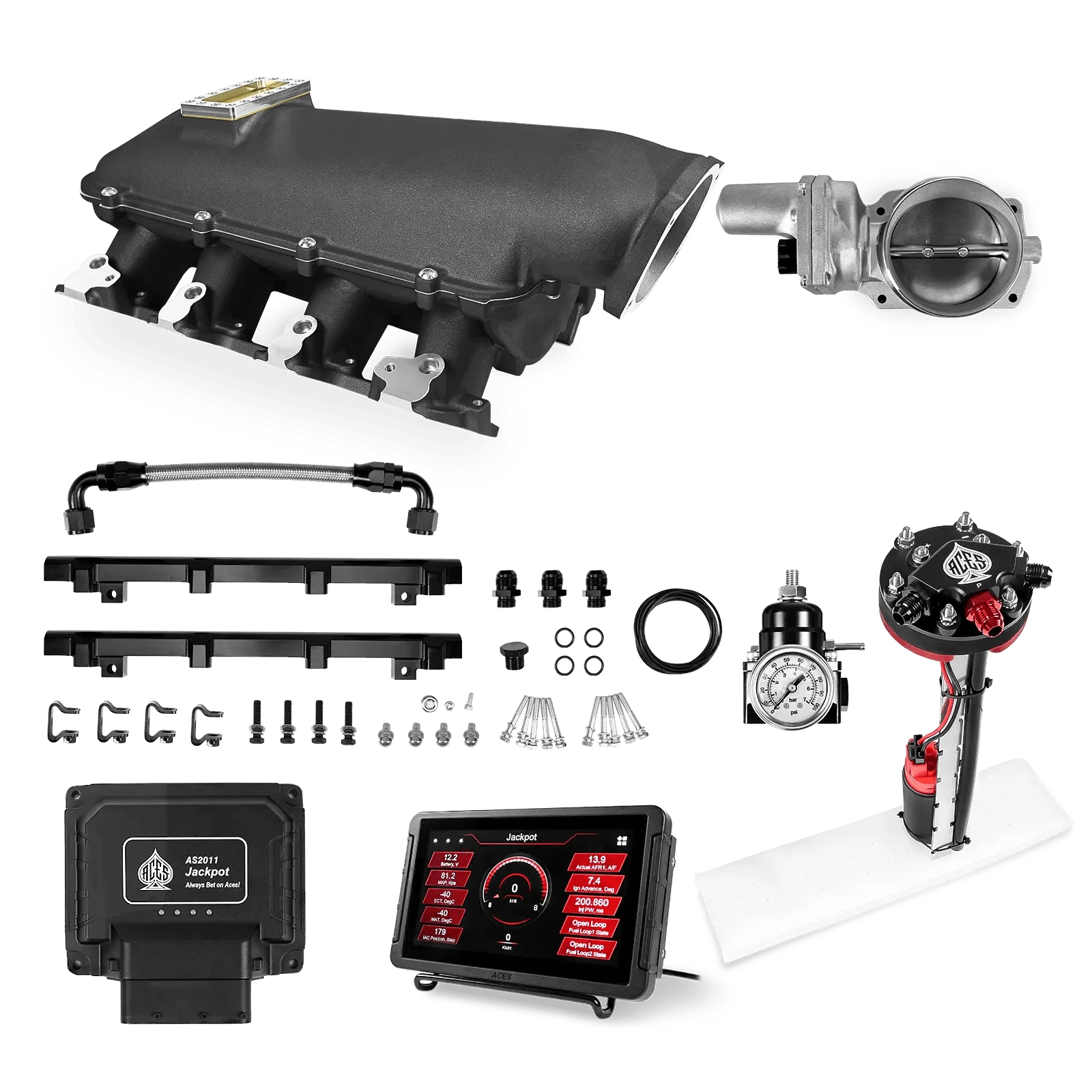 Aces Fuel Injection Jackpot Pro LS - DBW & Manual Trans / 500 HP LS1/LS2/LS6 Lo-Ram Intake (Black) / Cathedral Port Jackpot LS EFI System - Master Kit with Tight Fit In-Tank Pump Module