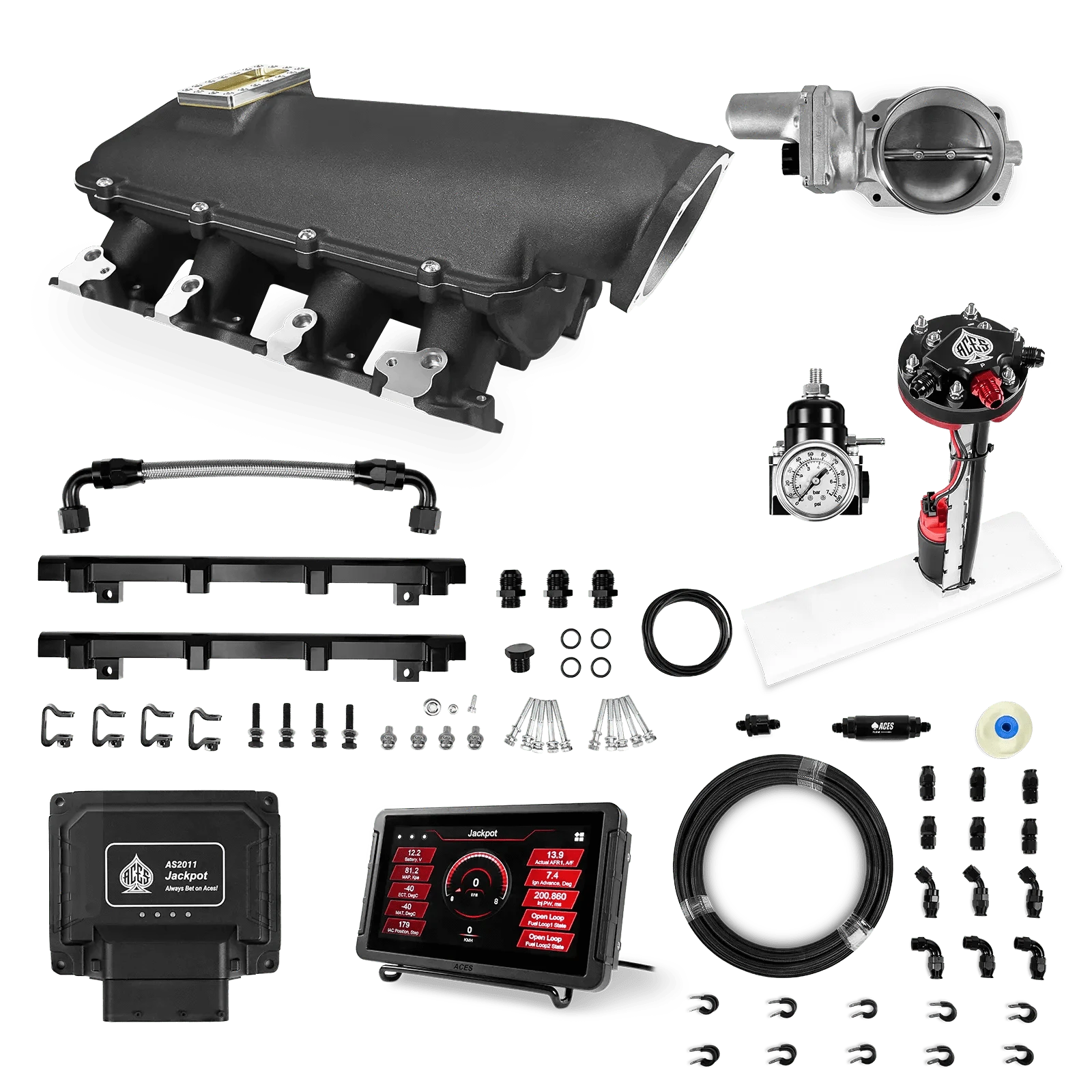 Aces Fuel Injection Jackpot Pro LS - DBW & Manual Trans / 500 HP LS1/LS2/LS6 Lo-Ram Intake (Black) / Cathedral Port Jackpot LS EFI System - Master Kit with Tight Fit In-Tank Pump Module + 40' PTFE Hose Kit