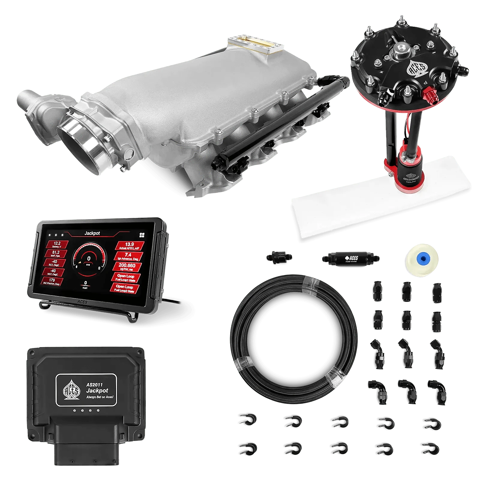 Aces Fuel Injection Jackpot Pro LS - DBW & Manual Trans / 500 HP LS1/LS2/LS6 Lo-Ram Intake / Cathedral Port Jackpot LS EFI System - Master Kit with Tank Conversion Pump Module with Internal Regulator + 20' PTFE Hose Kit