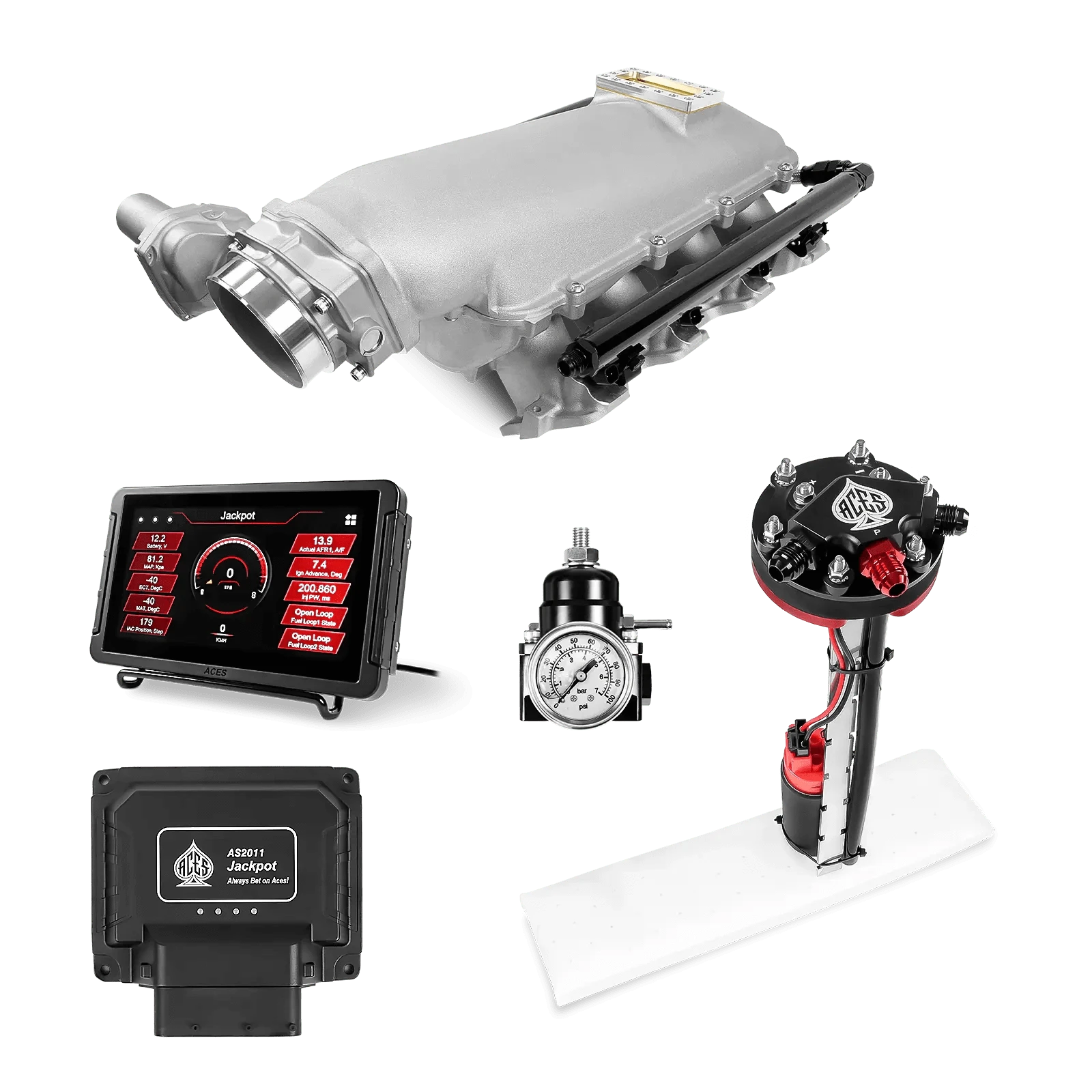 Aces Fuel Injection Jackpot Pro LS - DBW & Manual Trans / 500 HP LS1/LS2/LS6 Lo-Ram Intake / Cathedral Port Jackpot LS EFI System - Master Kit with Tight Fit In-Tank Pump Module
