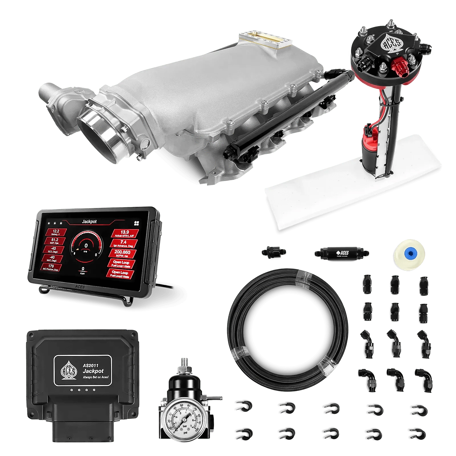 Aces Fuel Injection Jackpot Pro LS - DBW & Manual Trans / 500 HP LS1/LS2/LS6 Lo-Ram Intake / Cathedral Port Jackpot LS EFI System - Master Kit with Tight Fit In-Tank Pump Module + 40' PTFE Hose Kit