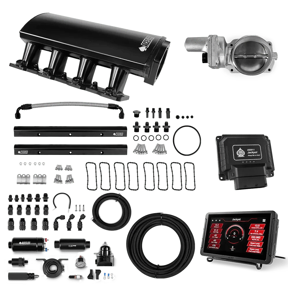 Aces Fuel Injection Jackpot Pro LS - DBW & Manual Trans / 500 HP LS1/LS2/LS6 Short Fabricated Intake / Cathedral Port Jackpot LS EFI System - Master Kit with 255 In-line Pump System w/40' PTFE Hose