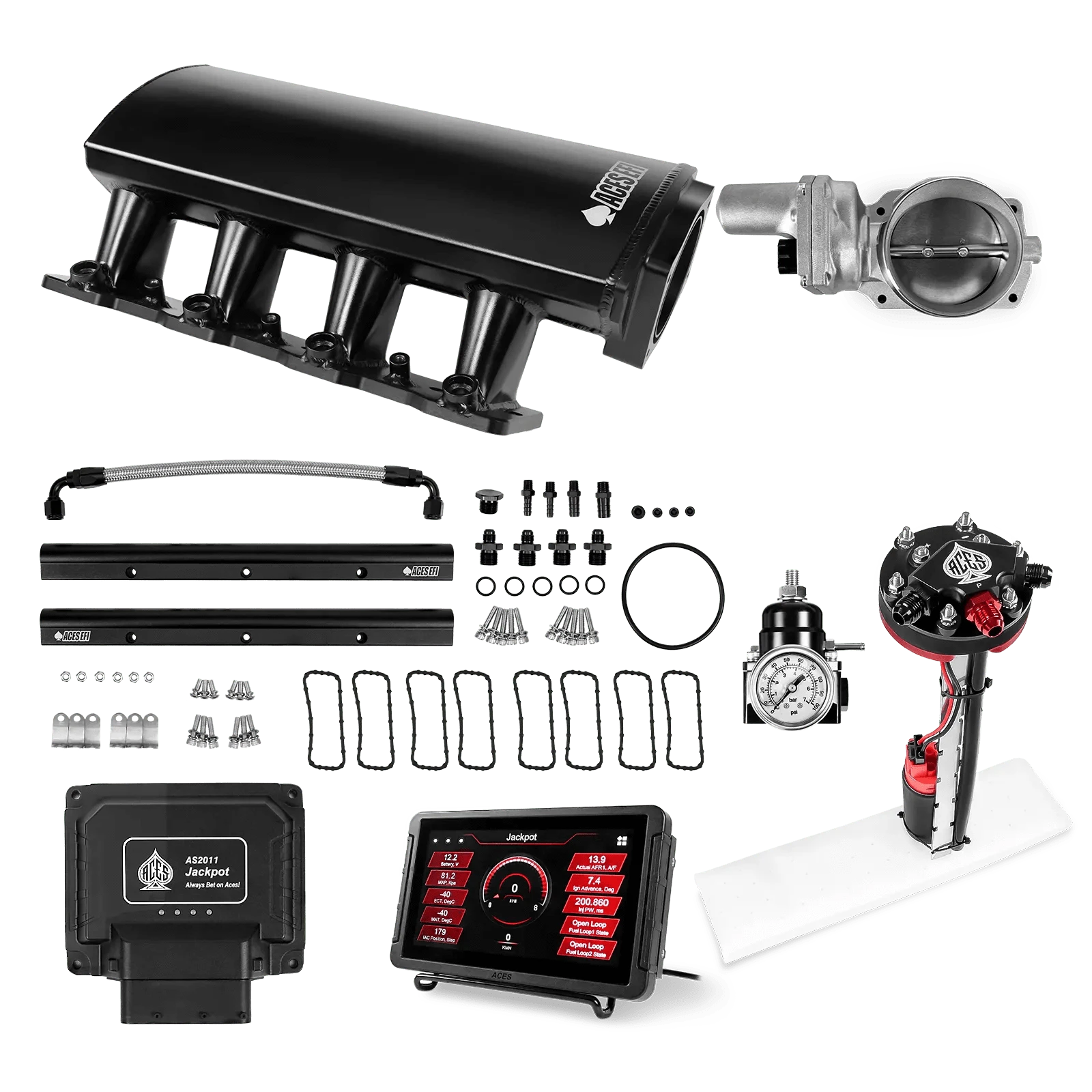 Aces Fuel Injection Jackpot Pro LS - DBW & Manual Trans / 500 HP LS1/LS2/LS6 Short Fabricated Intake / Cathedral Port Jackpot LS EFI System - Master Kit with Tight Fit In-Tank Pump Module