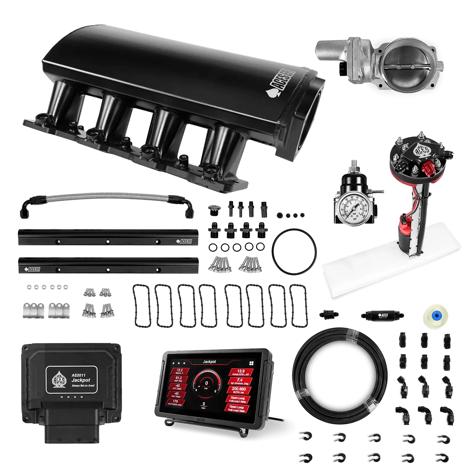 Aces Fuel Injection Jackpot Pro LS - DBW & Manual Trans / 500 HP LS1/LS2/LS6 Short Fabricated Intake / Cathedral Port Jackpot LS EFI System - Master Kit with Tight Fit In-Tank Pump Module + 40' PTFE Hose Kit