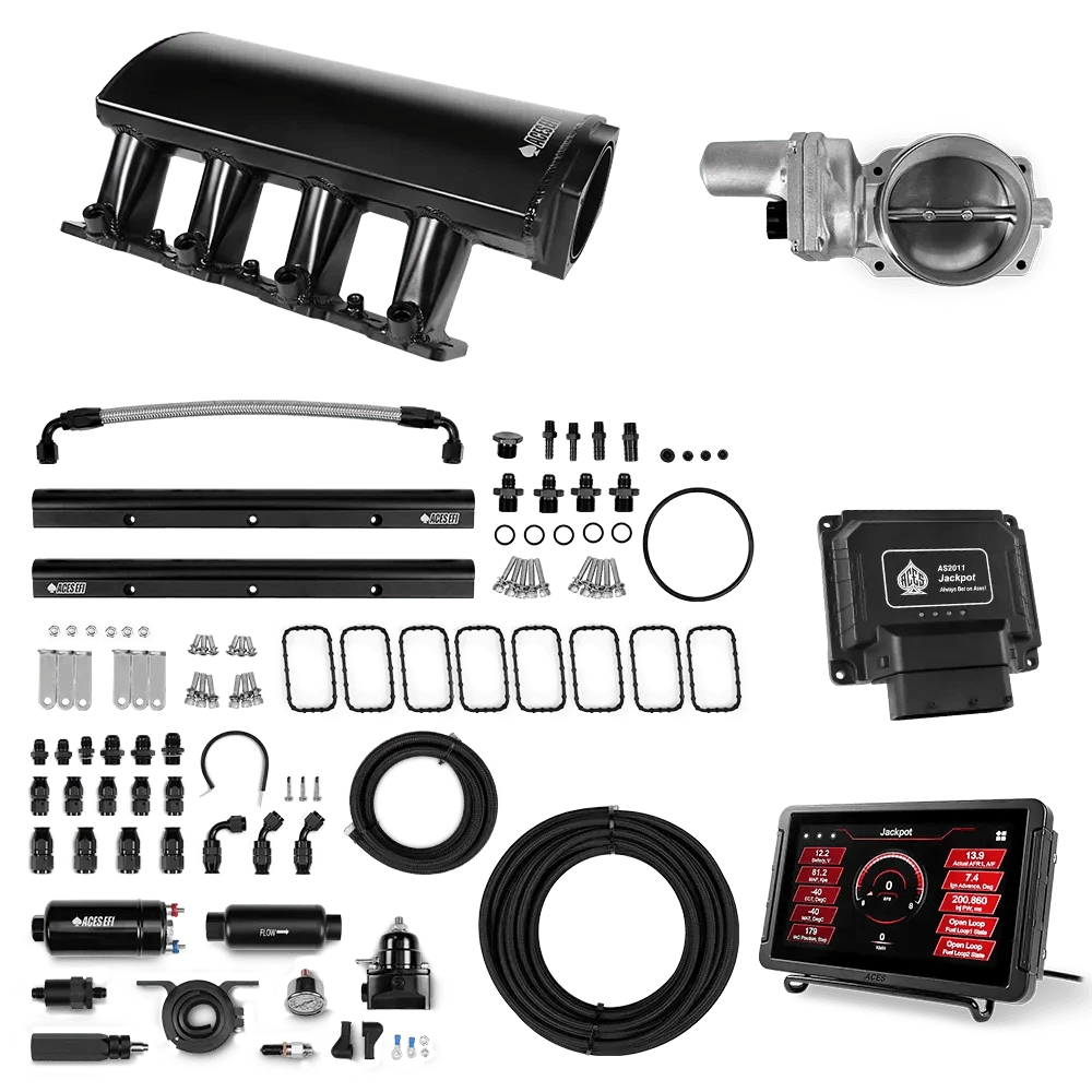 Aces Fuel Injection Jackpot Pro LS - DBW & Manual Trans / 500 HP LS1/LS2/LS6 Tall Fabricated Intake / Cathedral Port Jackpot LS EFI System - Master Kit with 255 In-line Pump System w/40' PTFE Hose