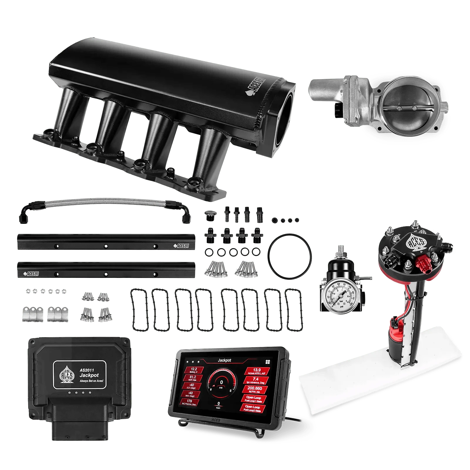 Aces Fuel Injection Jackpot Pro LS - DBW & Manual Trans / 500 HP LS1/LS2/LS6 Tall Fabricated Intake / Cathedral Port Jackpot LS EFI System - Master Kit with Tight Fit In-Tank Pump Module