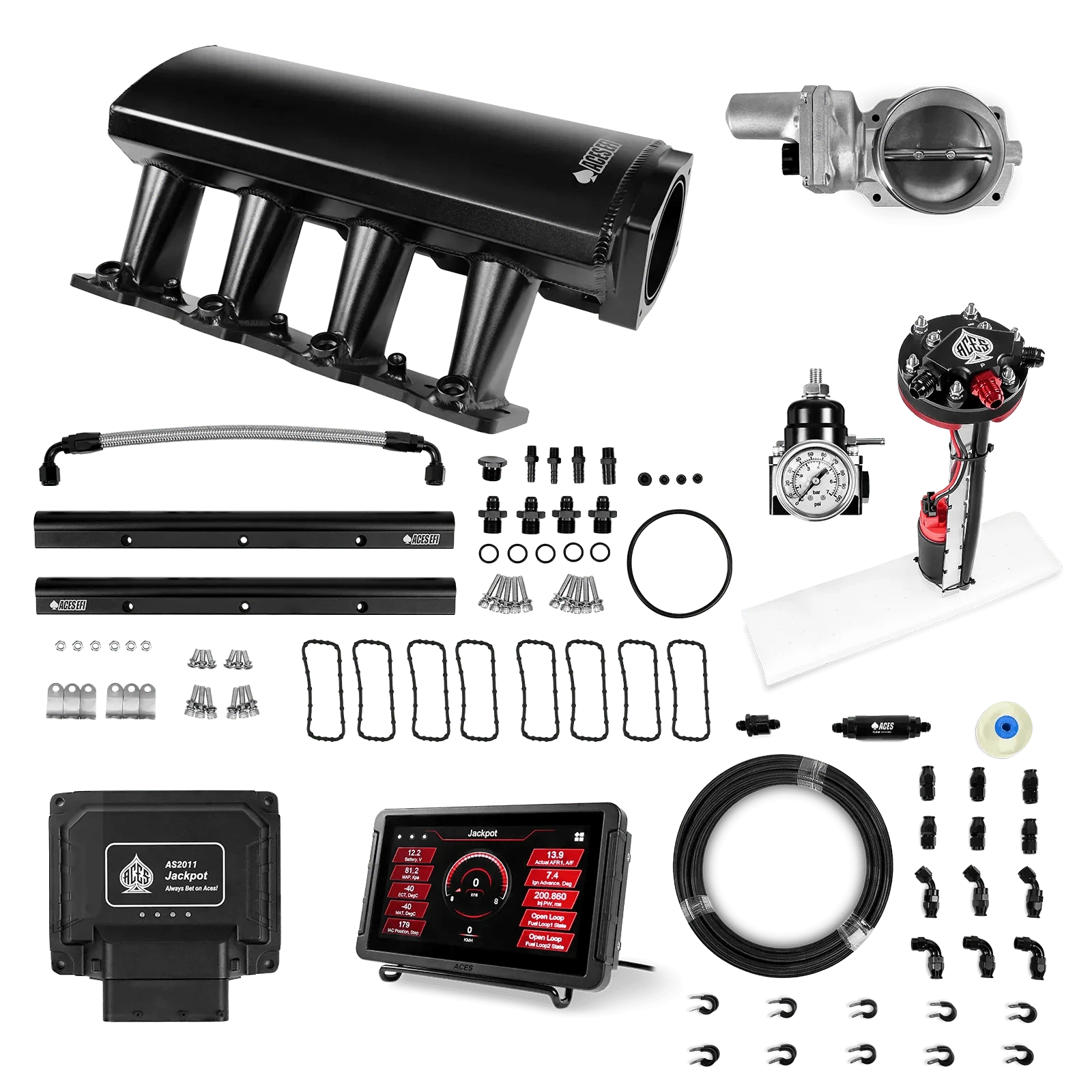 Aces Fuel Injection Jackpot Pro LS - DBW & Manual Trans / 500 HP LS1/LS2/LS6 Tall Fabricated Intake / Cathedral Port Jackpot LS EFI System - Master Kit with Tight Fit In-Tank Pump Module + 40' PTFE Hose Kit