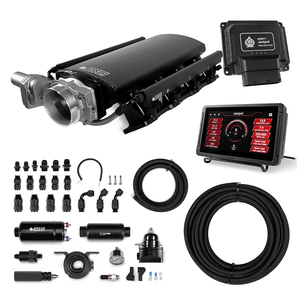 Aces Fuel Injection Jackpot Pro LS - DBW & Manual Trans / 500 HP LS3/LS92 Short Fabricated Intake / Rectangle Port Jackpot LS EFI System - Master Kit with 255 In-line Pump System w/40' PTFE Hose