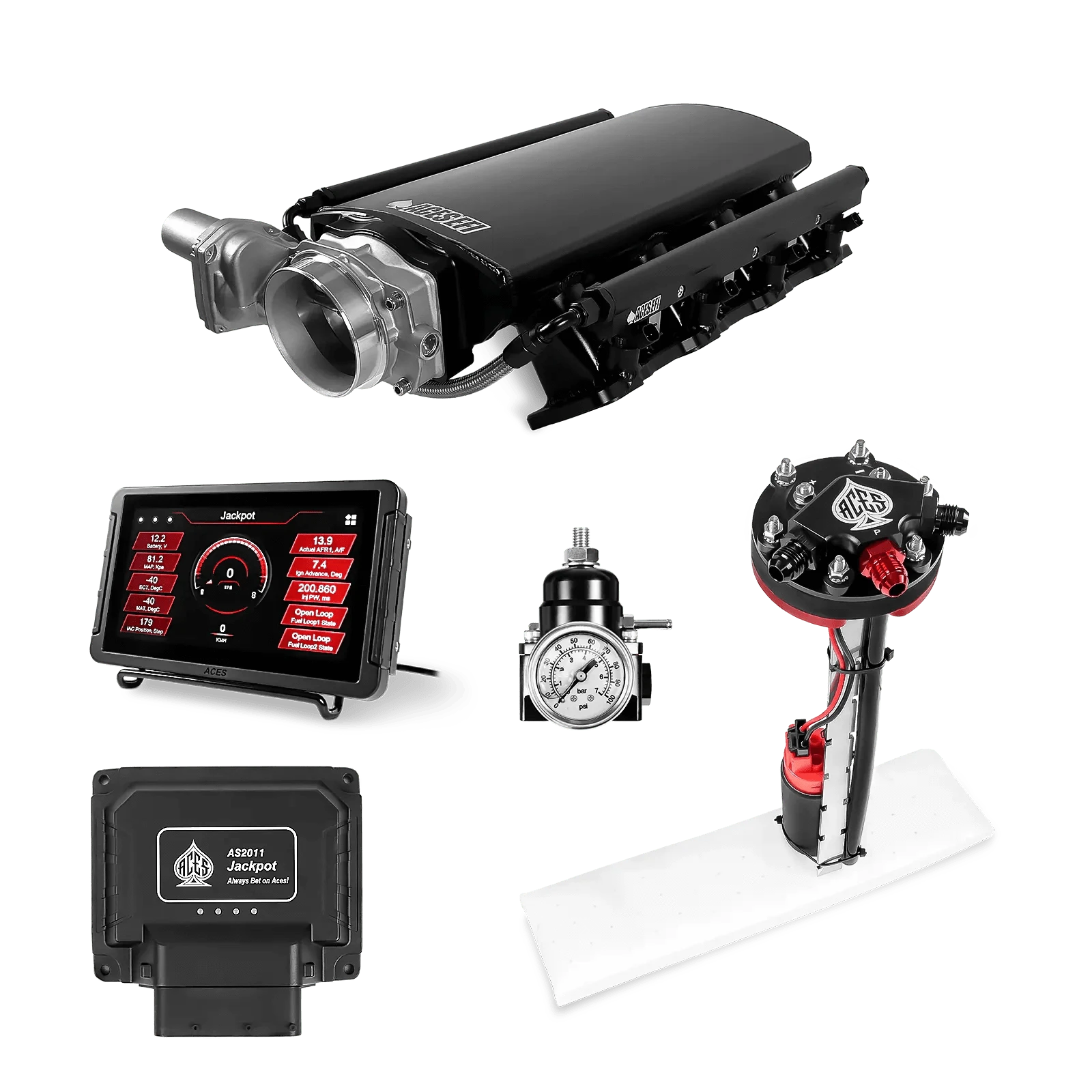 Aces Fuel Injection Jackpot Pro LS - DBW & Manual Trans / 500 HP LS3/LS92 Short Fabricated Intake / Rectangle Port Jackpot LS EFI System - Master Kit with Tight Fit In-Tank Pump Module