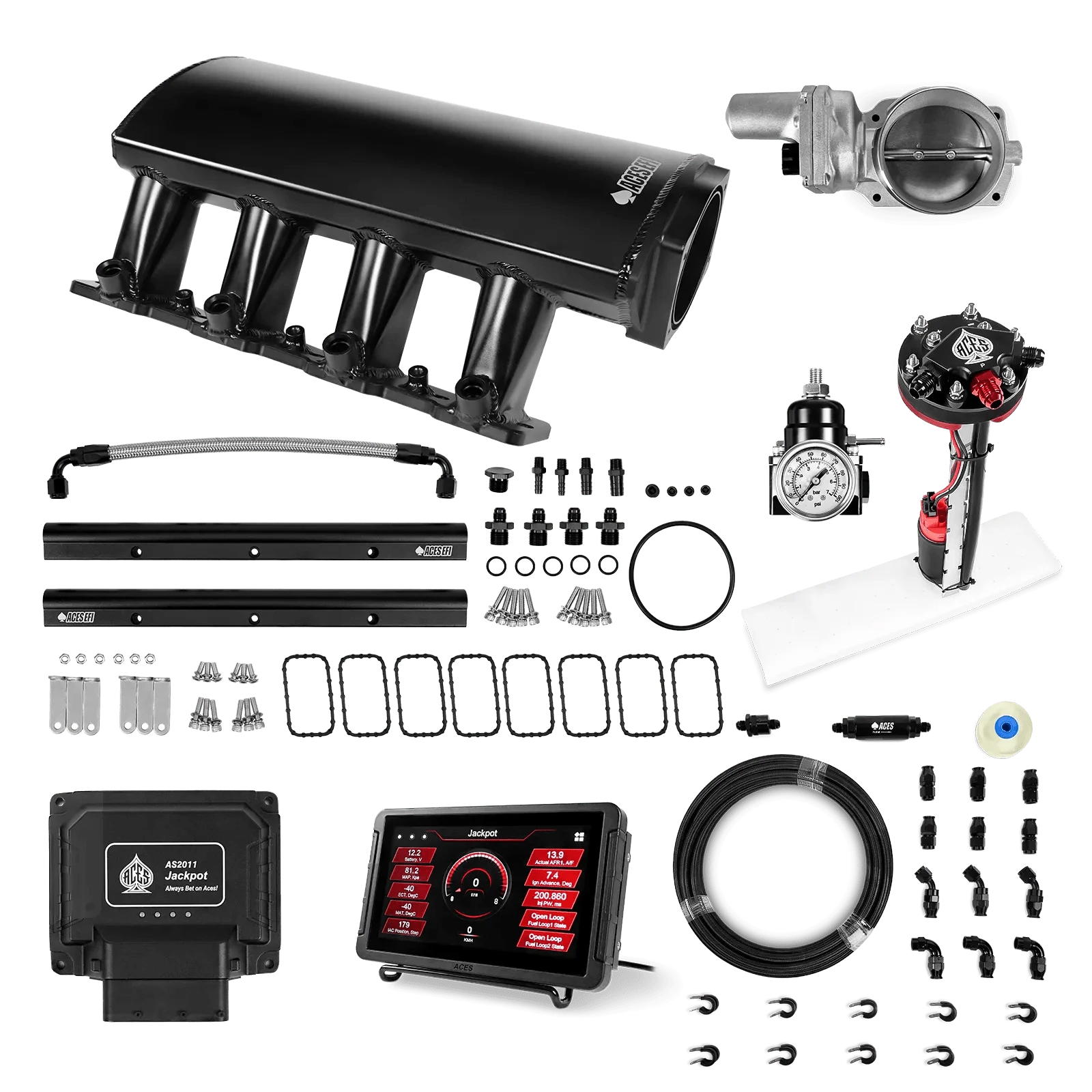 Aces Fuel Injection Jackpot Pro LS - DBW & Manual Trans / 500 HP LS7 Fabricated Intake / Large Rectangle Port Jackpot LS EFI System - Master Kit with Tight Fit In-Tank Pump Module + 40' PTFE Hose Kit