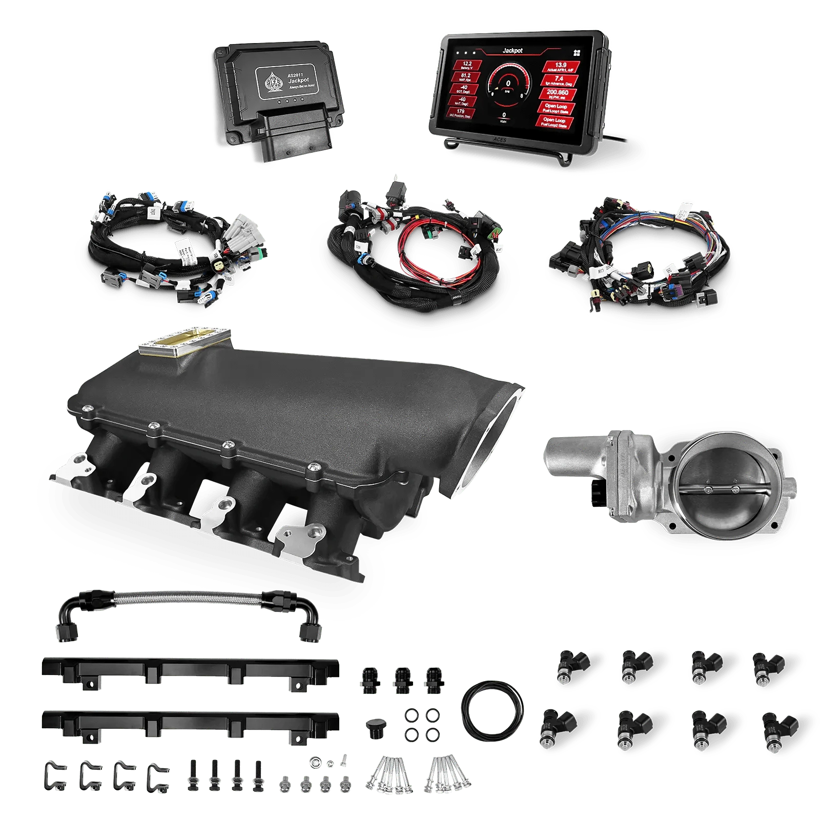 Aces Fuel Injection, Inc. Jackpot Pro LS - DBW & Manual Trans / Cathedral Port / Lo-Ram (black/cast) Jackpot LS EFI System - Top End Kit (800 HP)