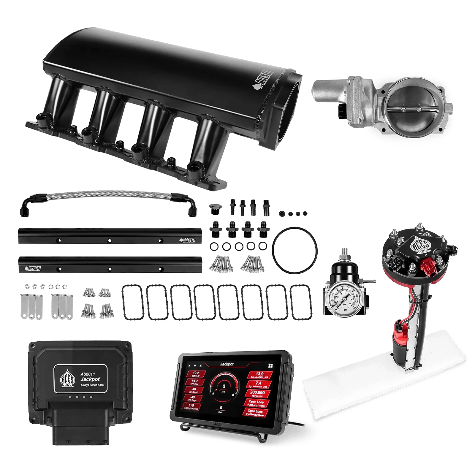 Aces Fuel Injection Jackpot Pro LS - DBW & Trans Control / 500 HP LS7 Fabricated Intake / Large Rectangle Port Jackpot LS EFI System - Master Kit with Tight Fit In-Tank Pump Module