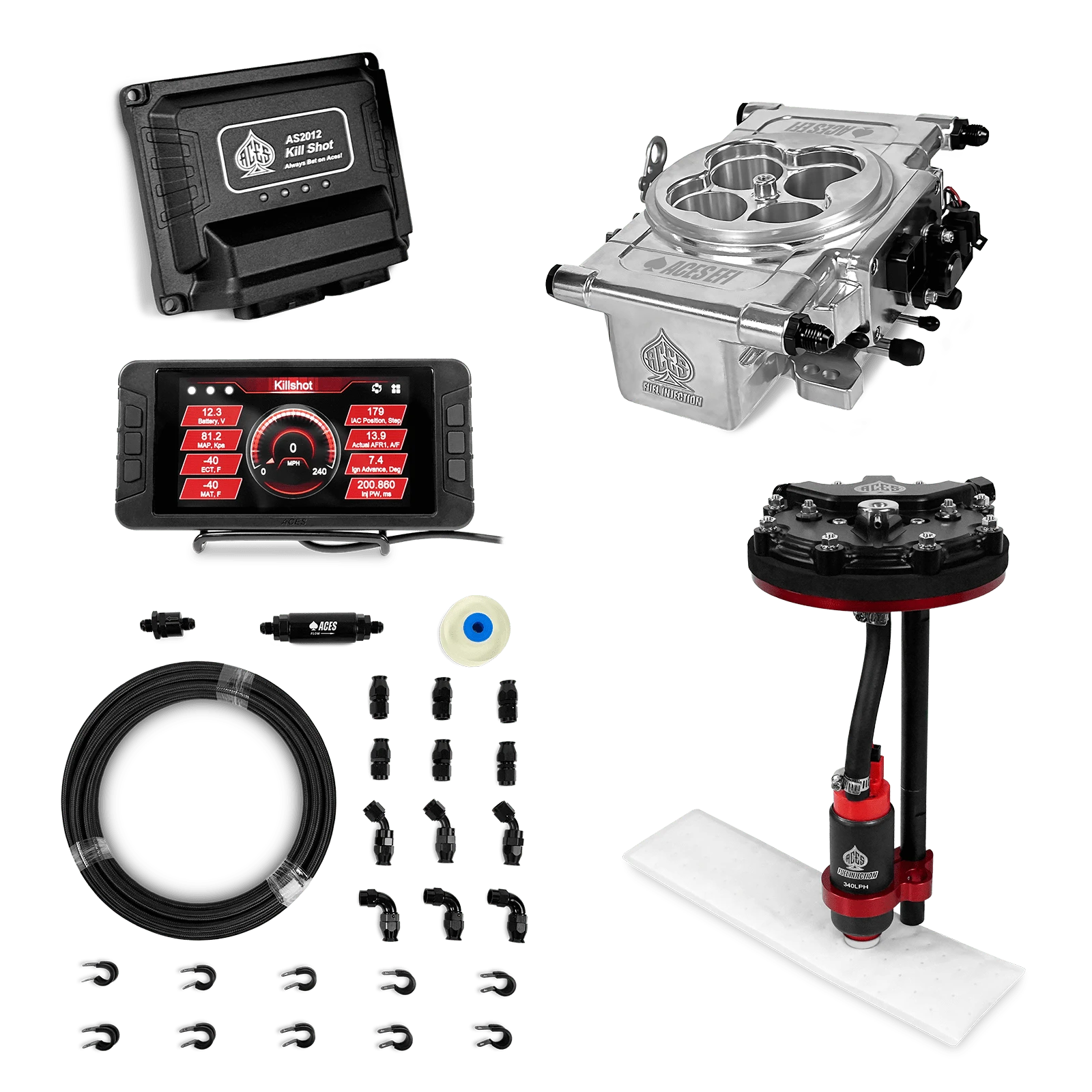 Aces Fuel Injection Polished / Tank Conversion Pump Module with Internal Regulator & 20' PTFE Hose Kits (340 LPH) Killshot 4-BBl EFI Fuel Kits