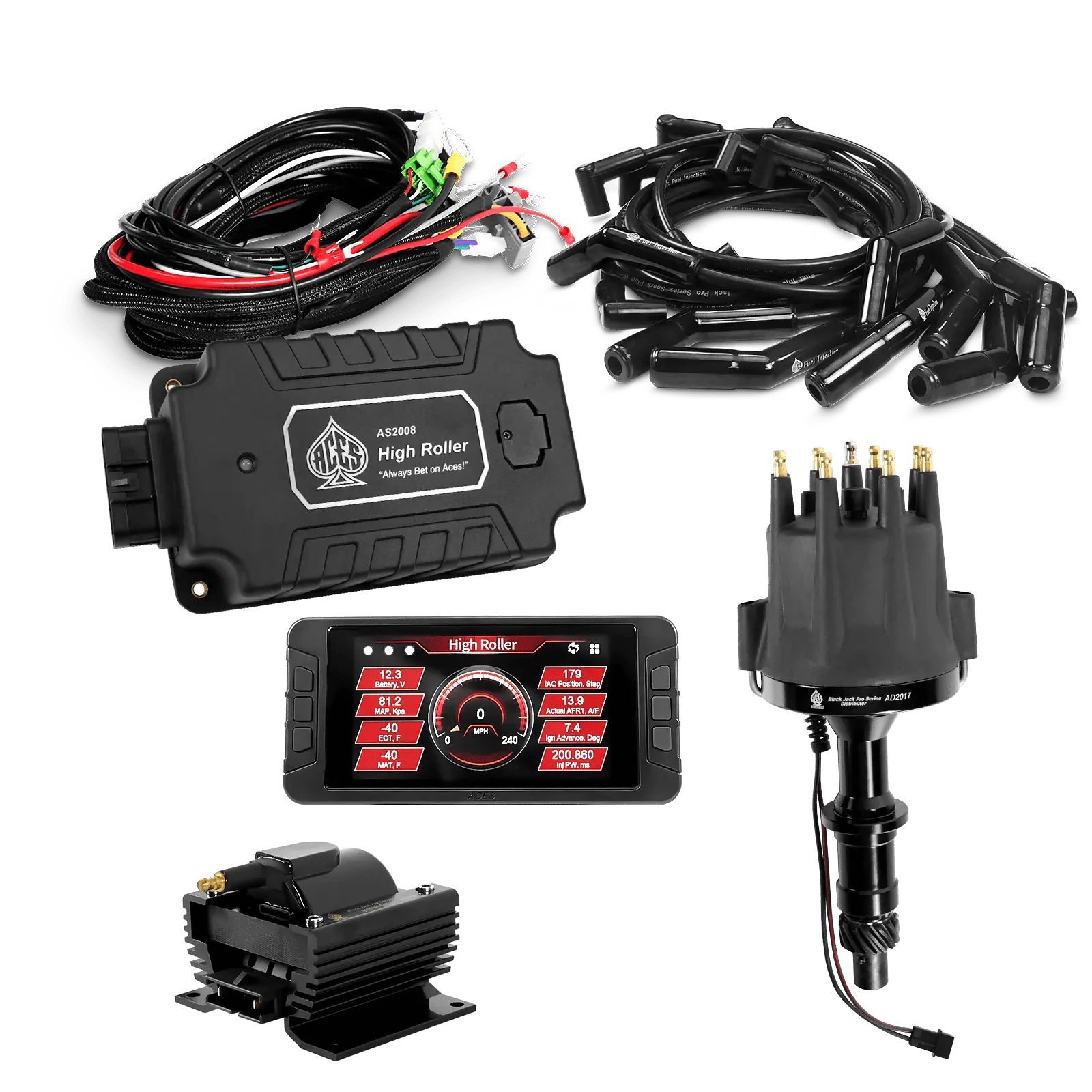 ACES Fuel Injection. Pontiac 326-455 135 Deg Boots High Roller Pro Ignition Package
