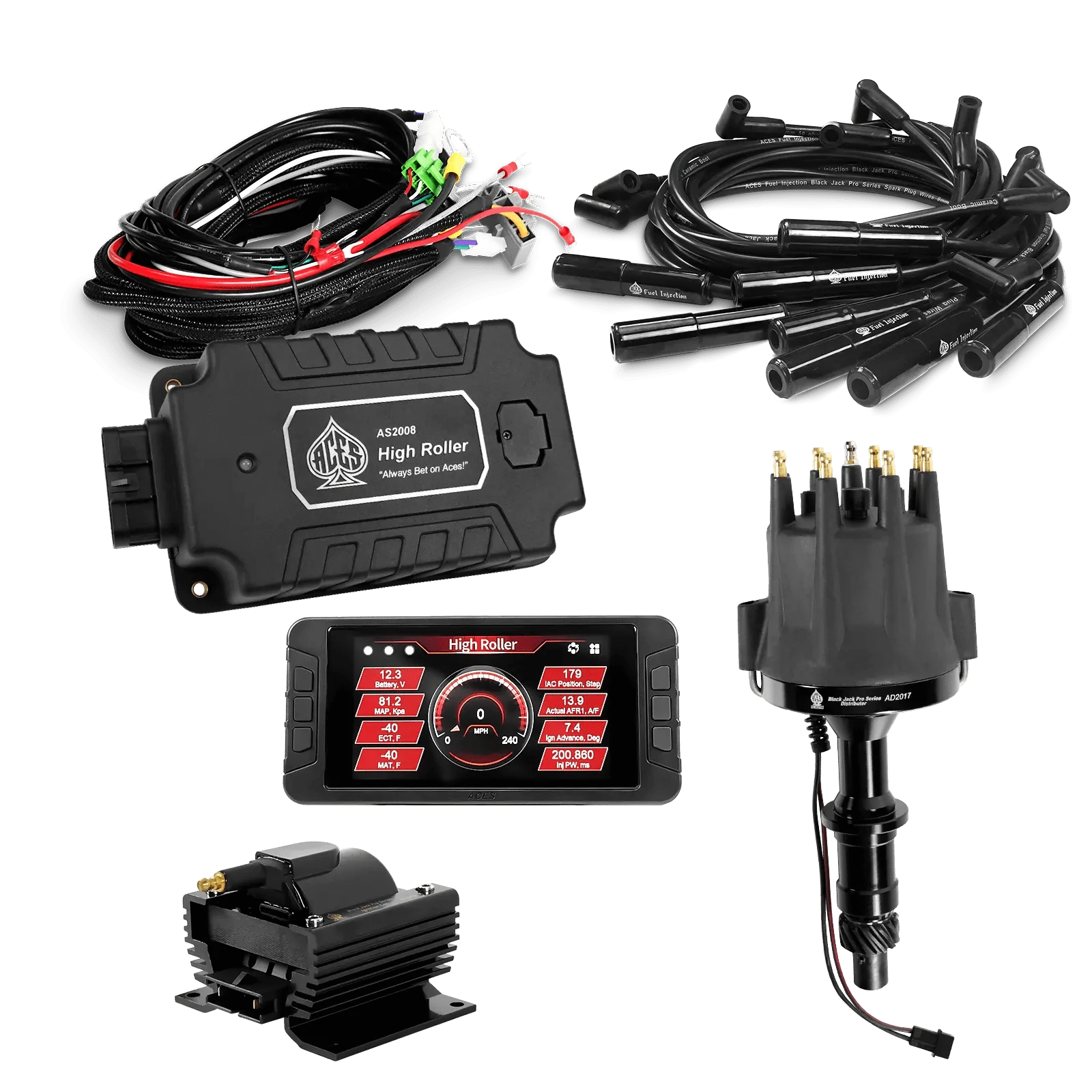ACES Fuel Injection. Pontiac 326-455 180 Deg Boots High Roller Pro Ignition Package